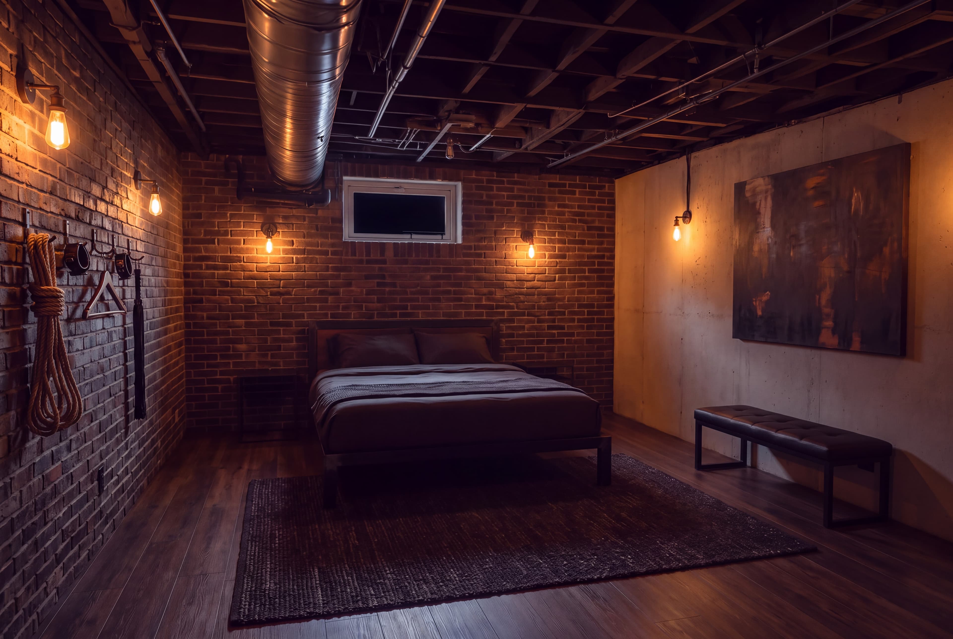 An unfinished basement, as Industrial Loft (after)