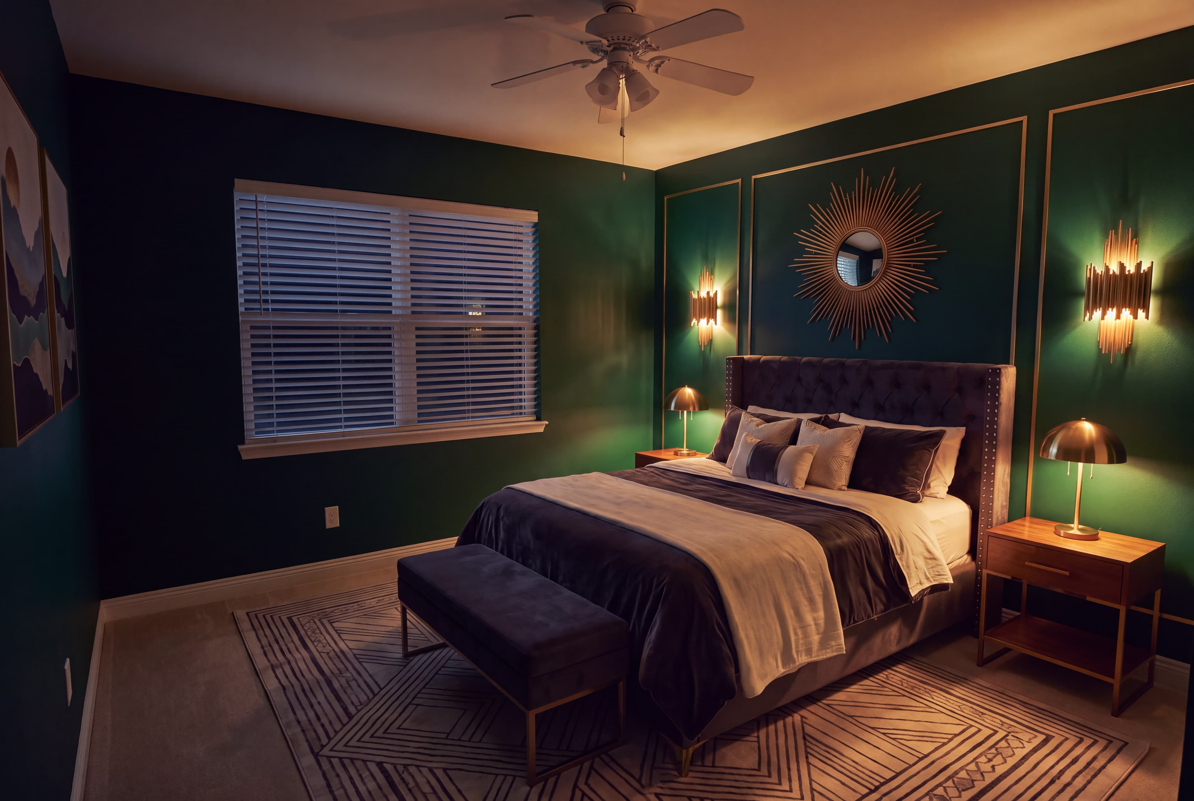 A finished room styled for the evening