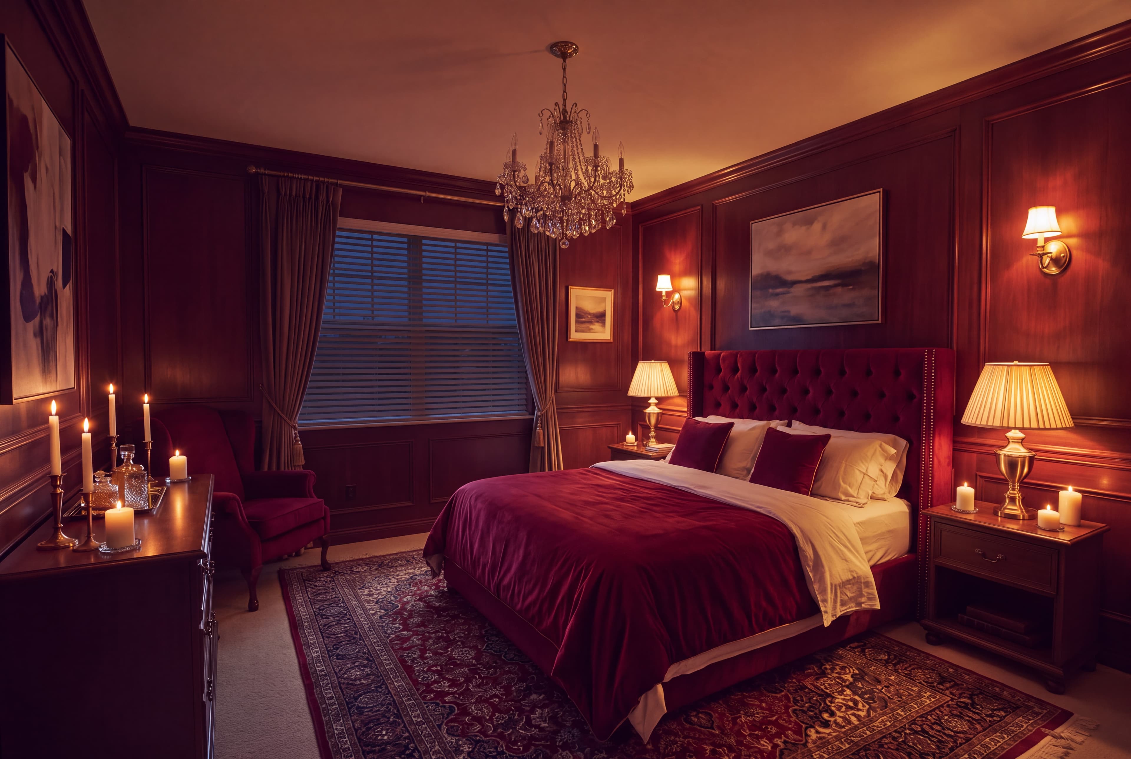 An ordinary bedroom, and the same room redesigned for the evening (after)