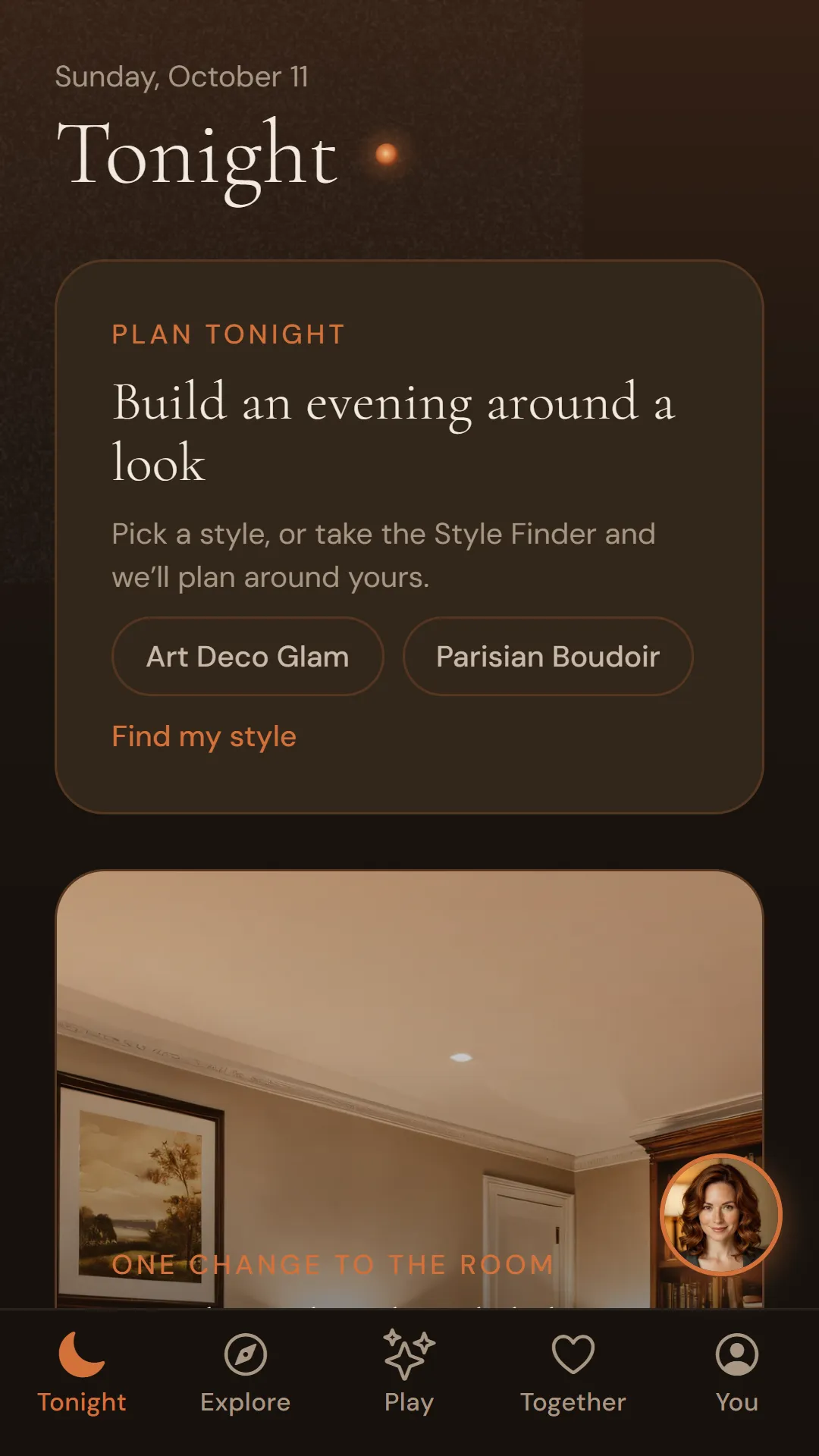 The Tonight screen, with a Plan tonight card for building an evening around a look
