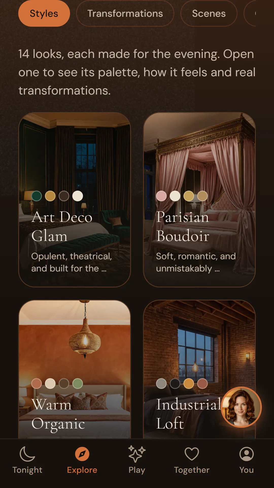 Explore, showing a grid of Braise bedroom styles with their palettes