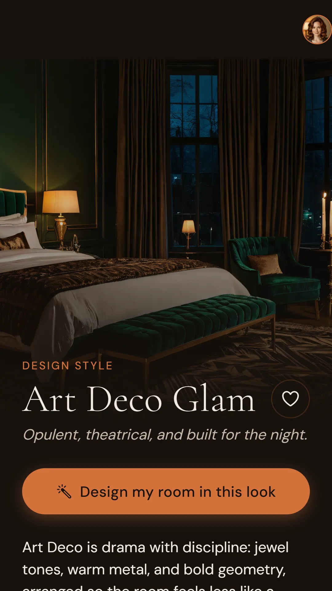 The Art Deco Glam style page in the app