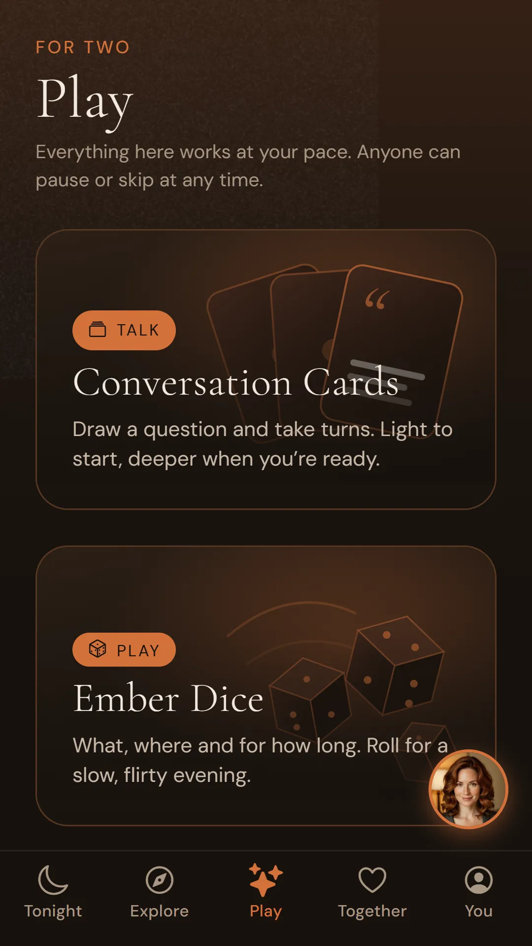 The Play tab, with Conversation Cards and Ember Dice