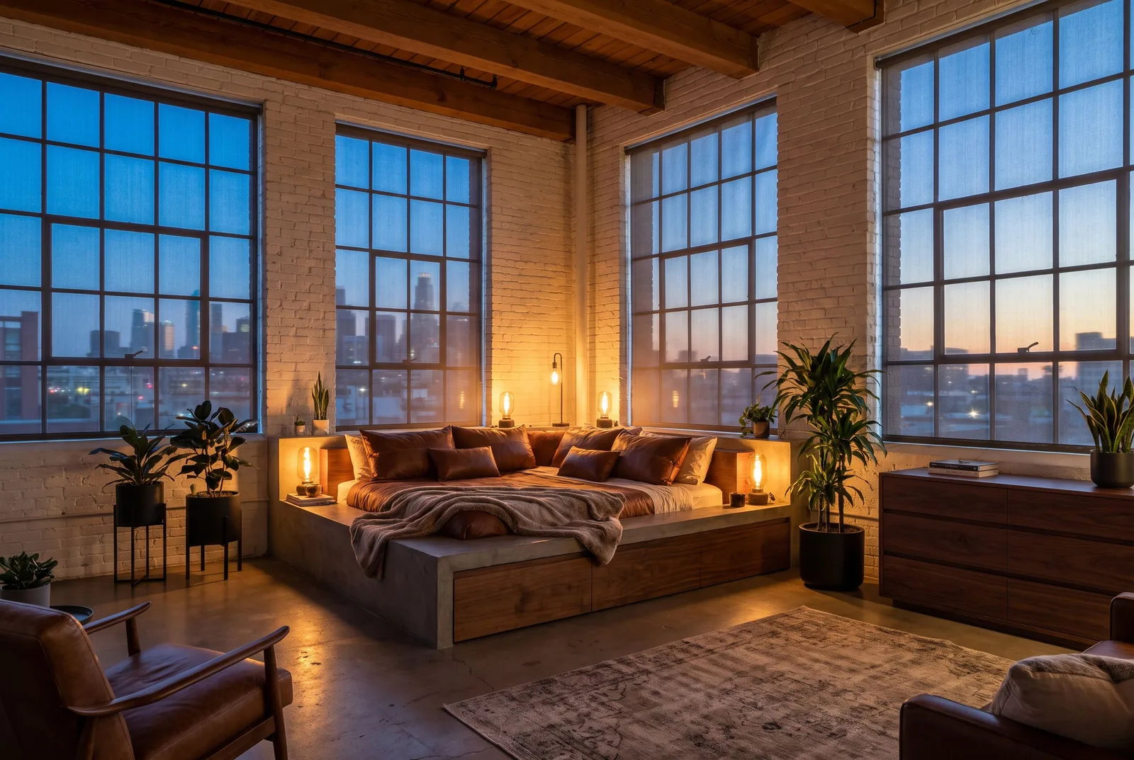 A white-brick Industrial Loft at dusk with a wall of steel-framed windows over the city, a low concrete bed glowing with amber bulbs, and leather armchairs