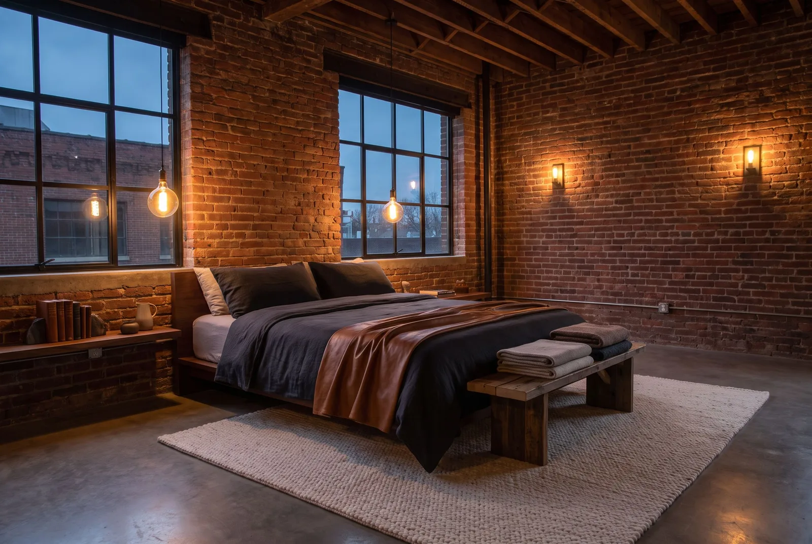 An Industrial Loft bedroom at dusk with red brick walls, tall steel windows, hanging Edison bulbs and a cognac leather throw on the bed