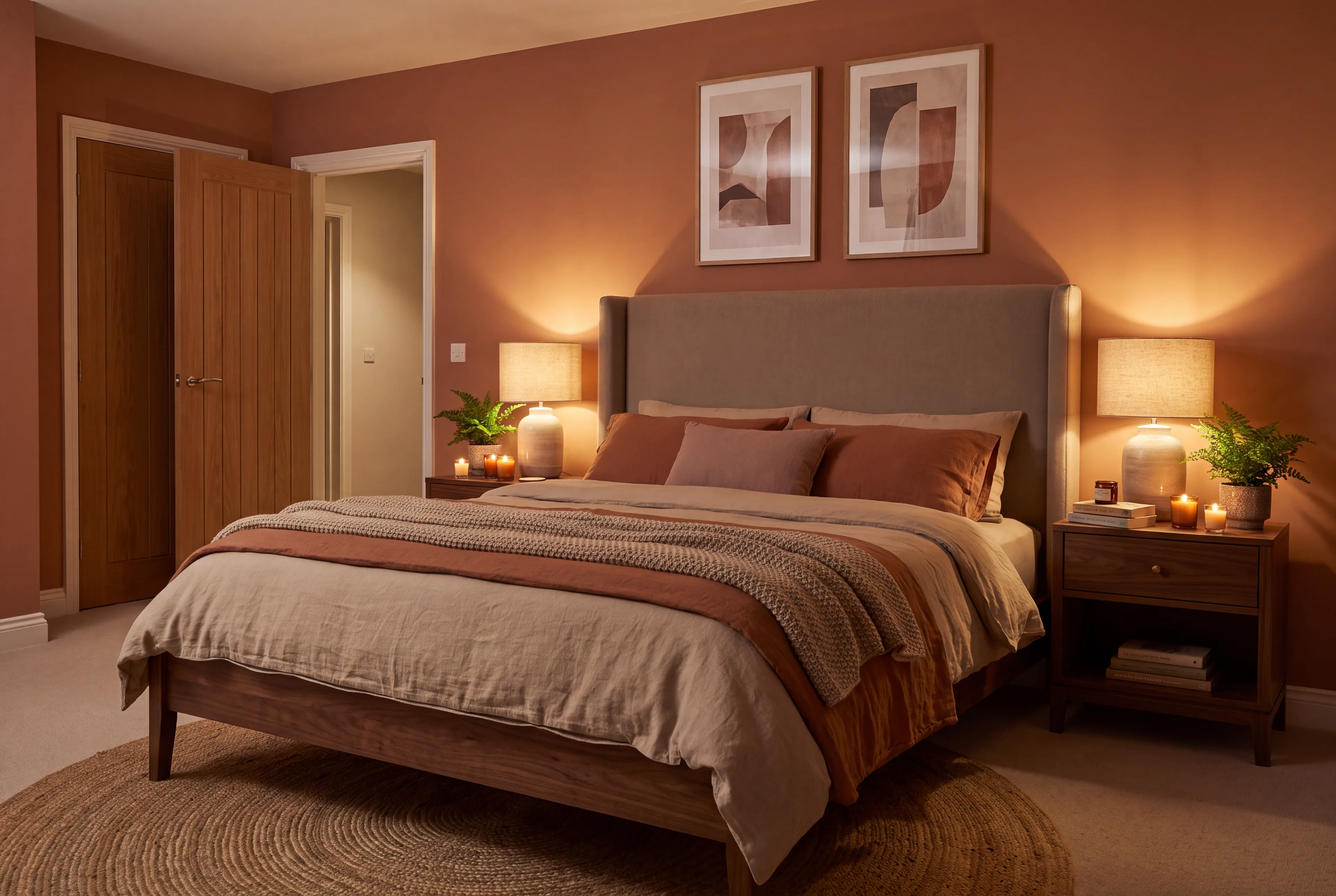 A calm terracotta bedroom with matching lamps on both sides of the bed and the door in view