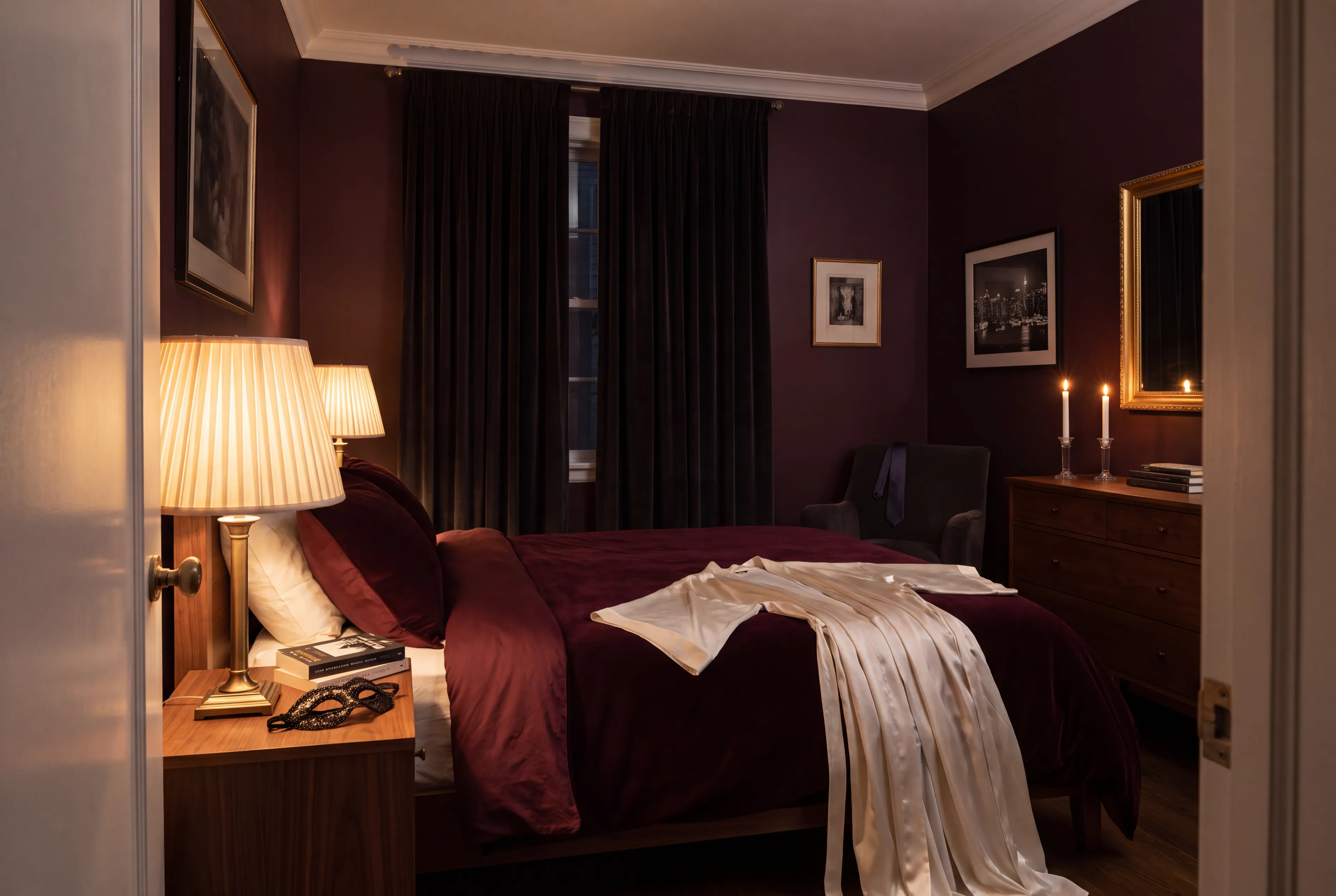 An oxblood bedroom seen from the doorway, a silk robe across the bed and a lace mask on the nightstand by a lamp
