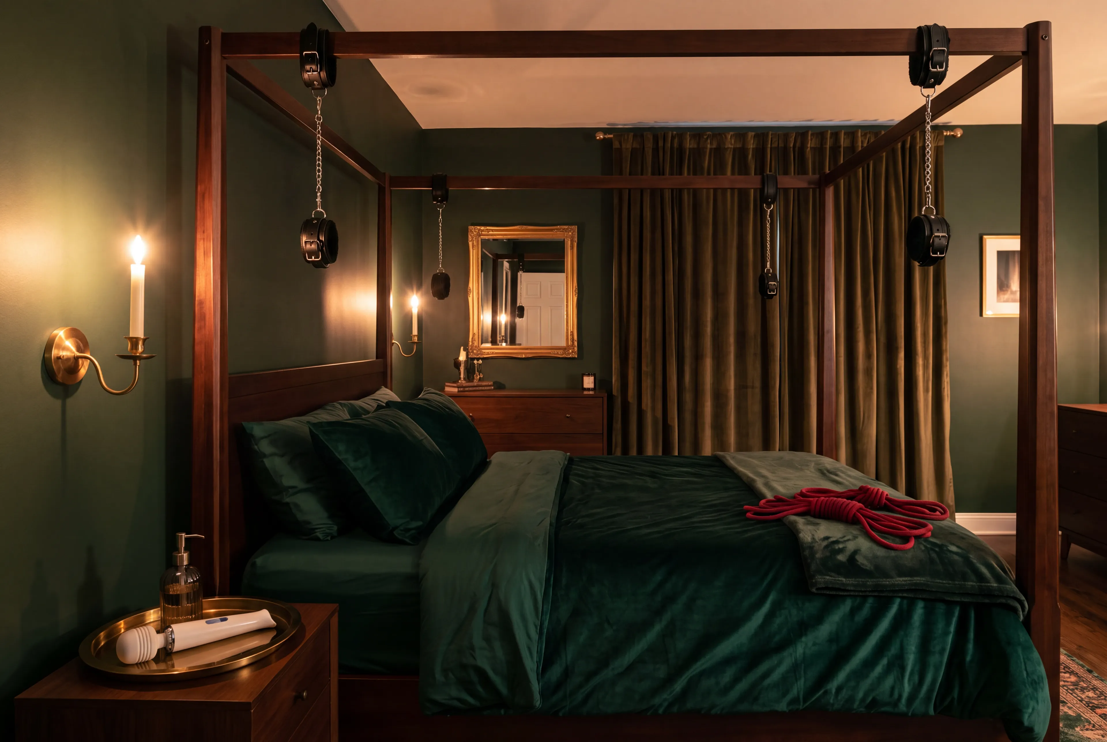 A dark wood four-poster bed in emerald velvet with cuffs on short chains at each post and soft red rope coiled at the foot