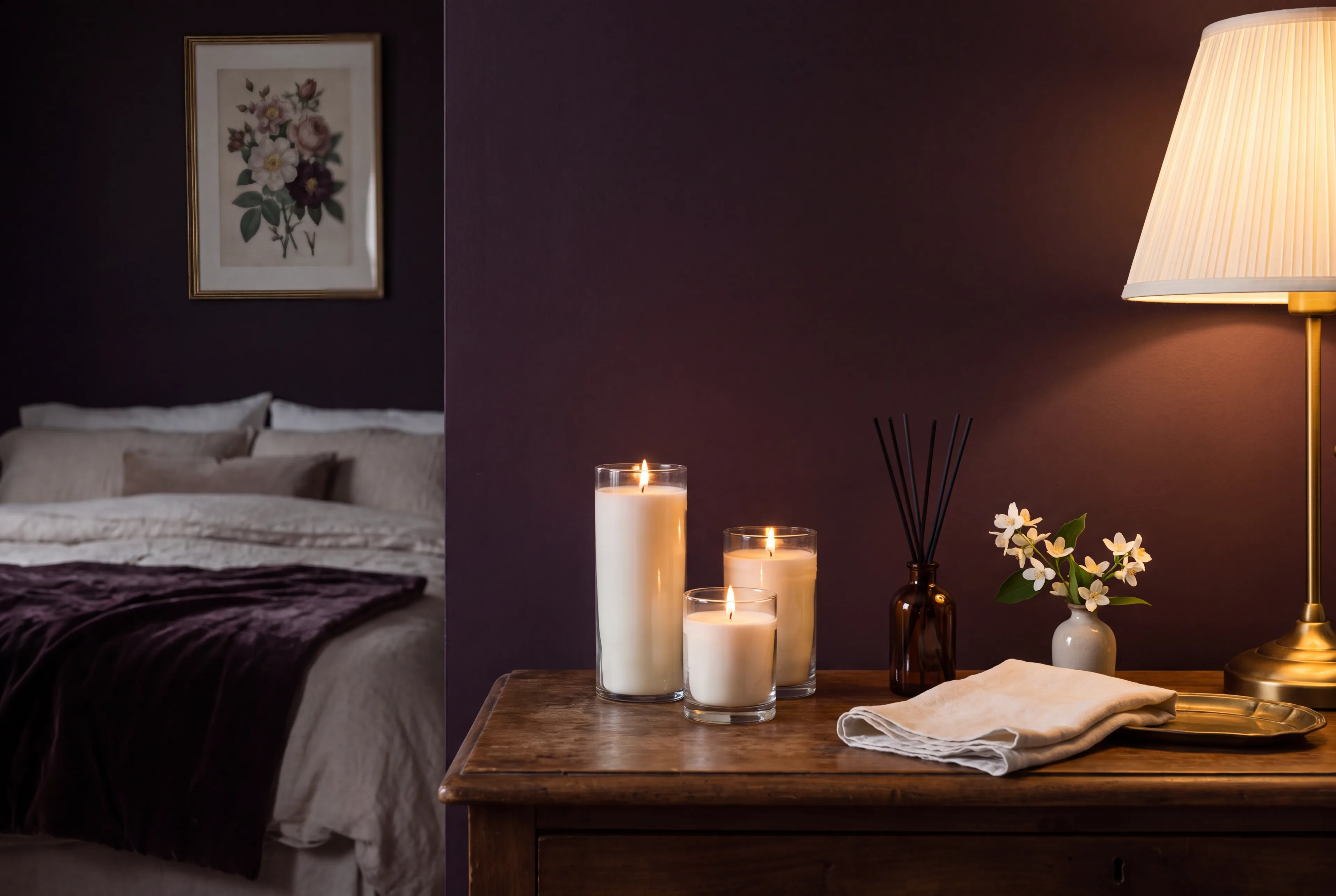 Three lit candles, a reed diffuser and a sprig of jasmine on a dresser against a plum wall