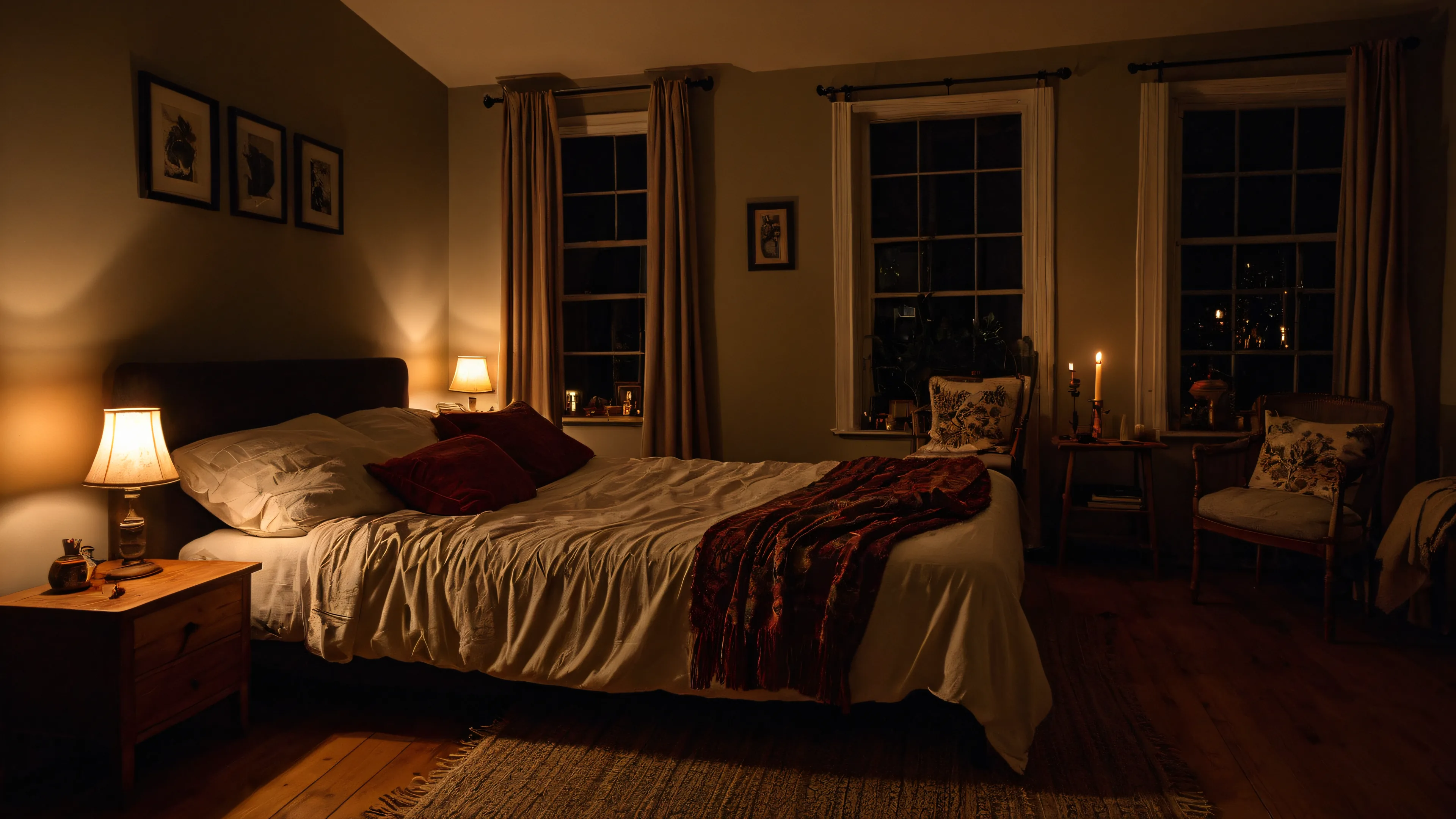 A bedroom at night lit only by two shaded bedside lamps and a few candles, with a burgundy throw across the bed