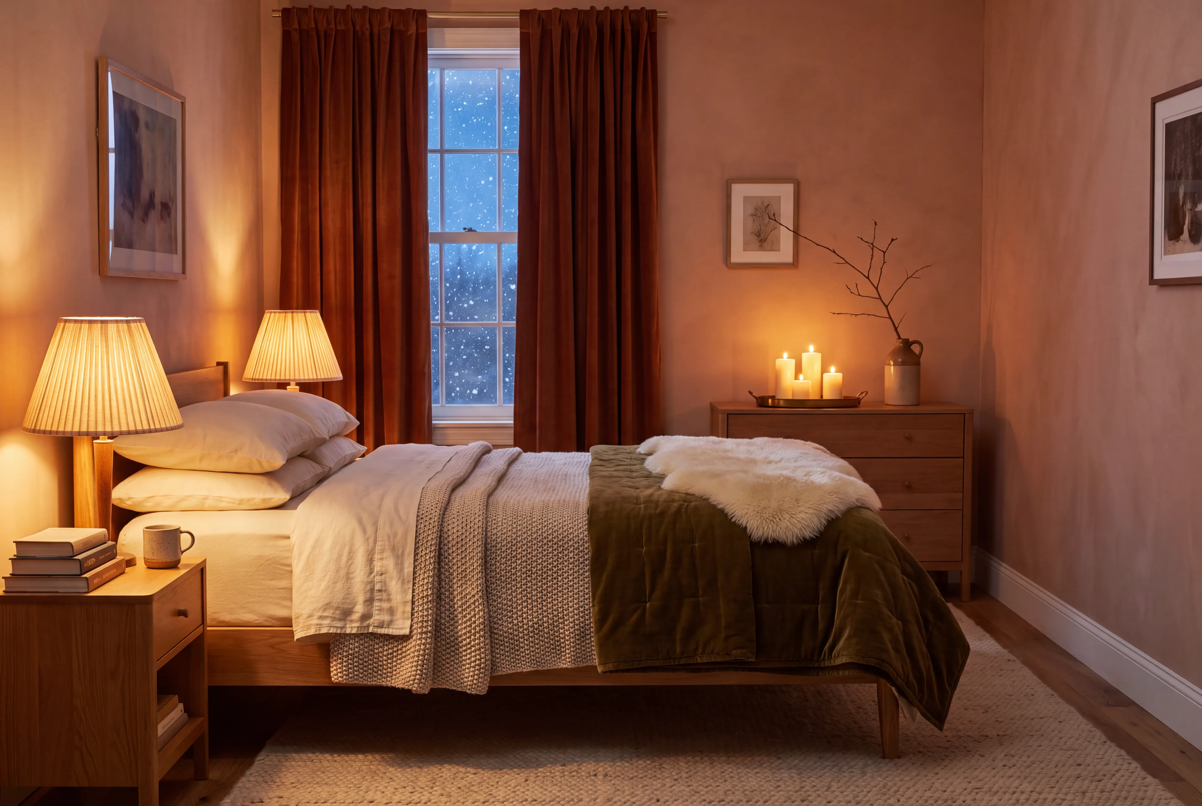A warm bedroom on a snowy night with velvet curtains, a knit blanket and lamps glowing