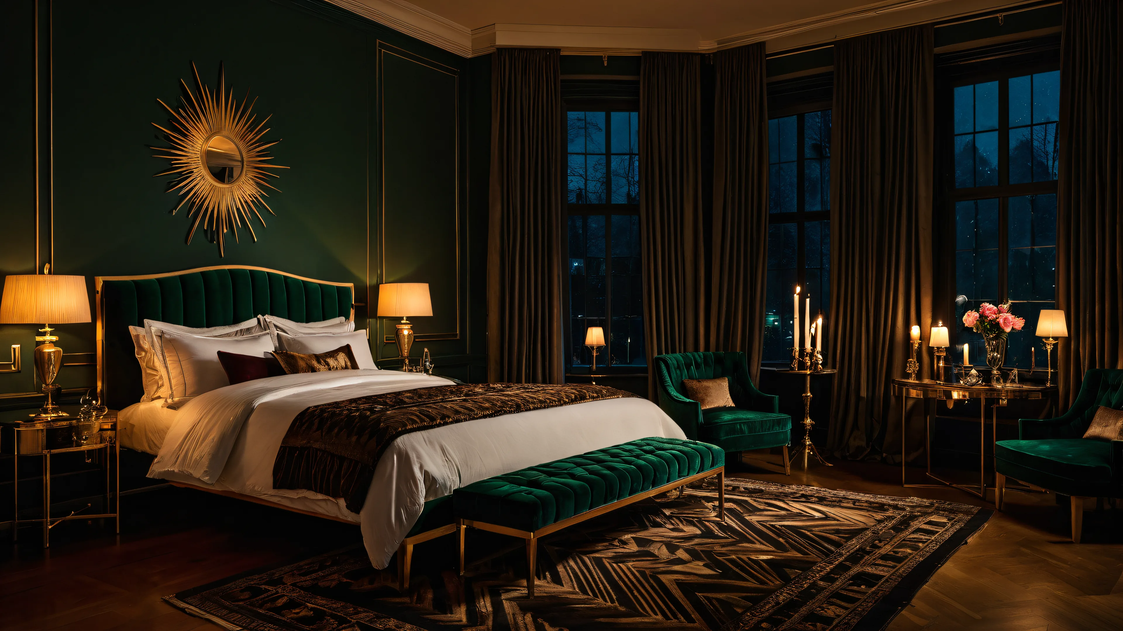 Art Deco bedroom at night with emerald lacquered walls, gold trim, a channel-tufted gold headboard, a tufted gold bench and a crystal chandelier