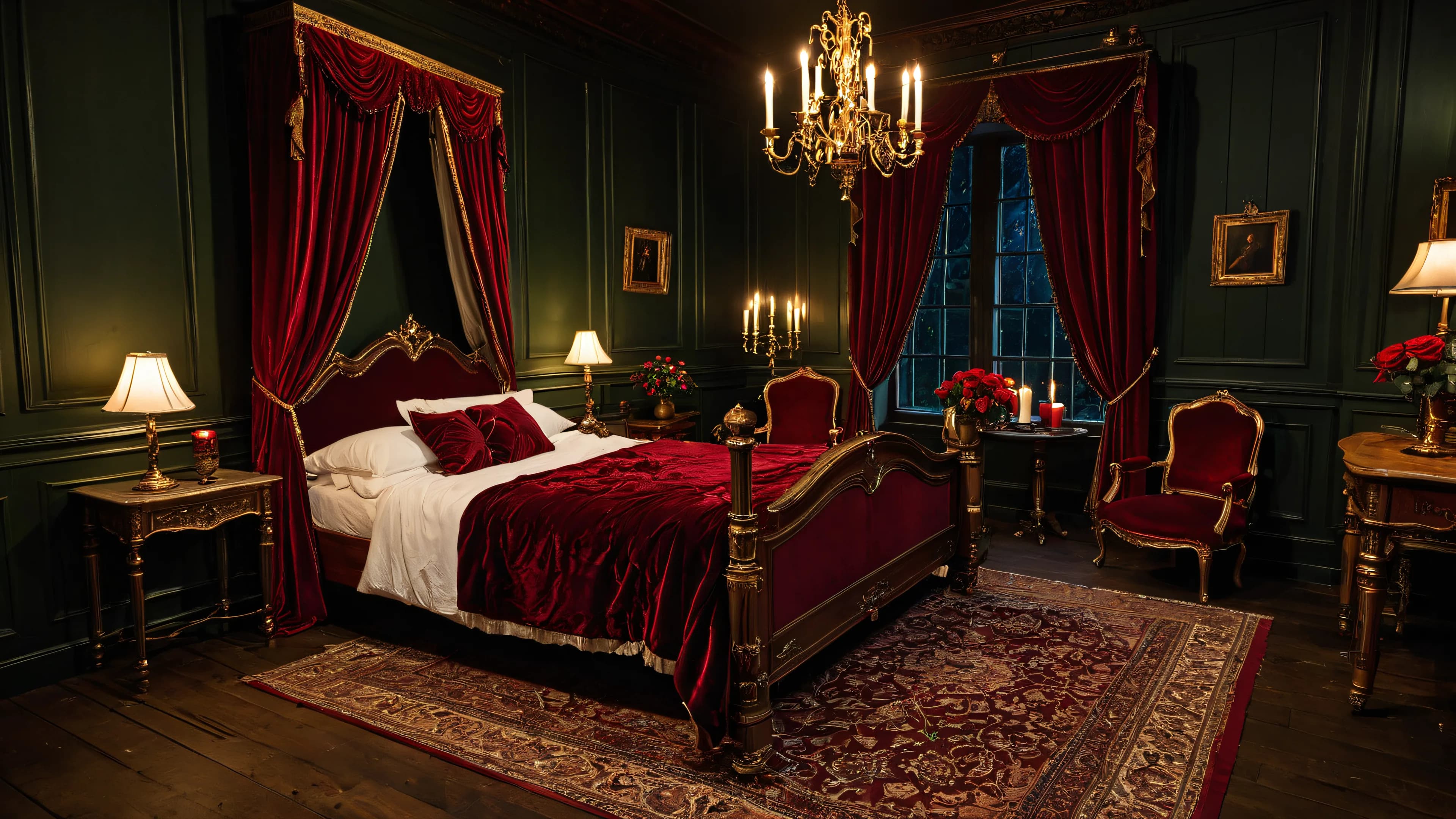 Gothic Romance bedroom at night: a carved four-poster with crimson velvet drapes and bedding, dark green paneled walls, candelabras and a crystal chandelier glowing, a Persian rug and dark windows