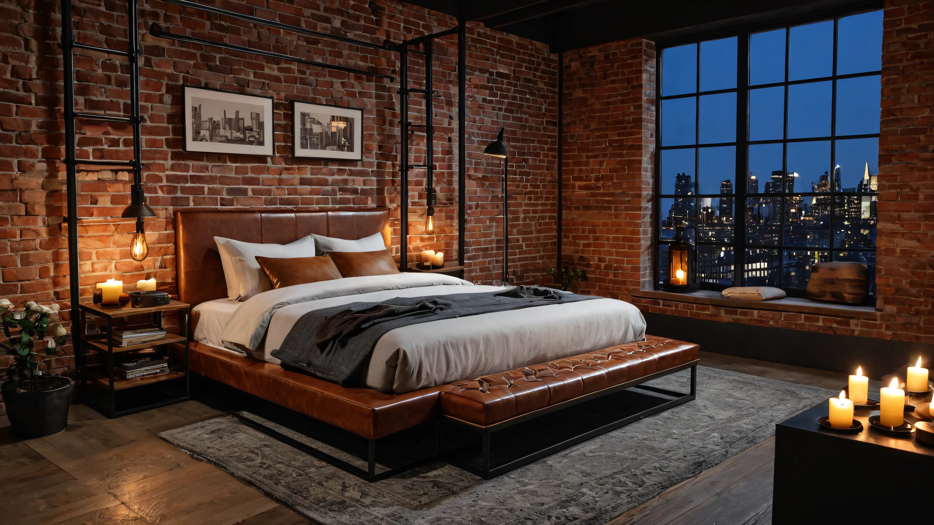 Industrial loft bedroom at night: exposed brick, a leather bed and bench, Edison lights and candles, tall steel windows over the city