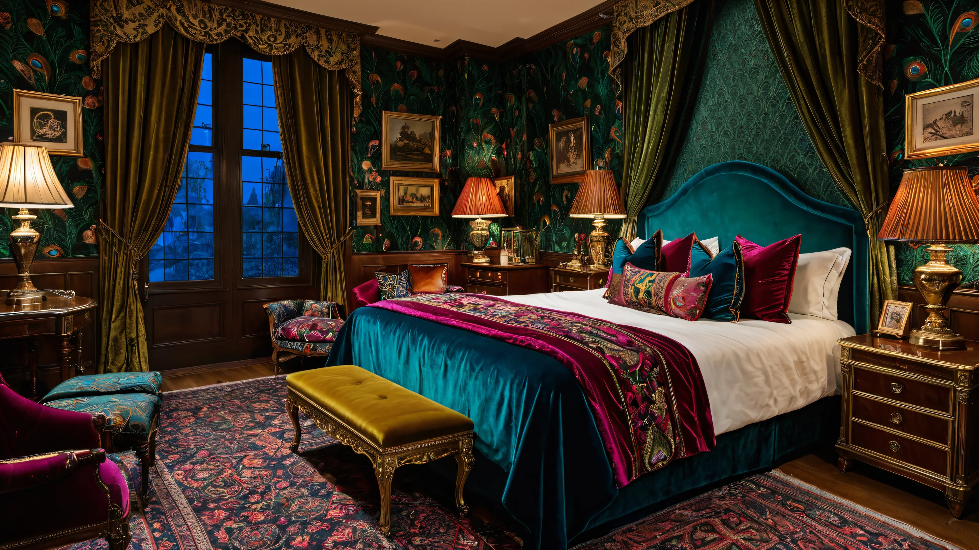 Maximalist bedroom at dusk with crimson and plum patterned wallpaper, velvet bedding, a crystal chandelier, oil paintings and lamps glowing