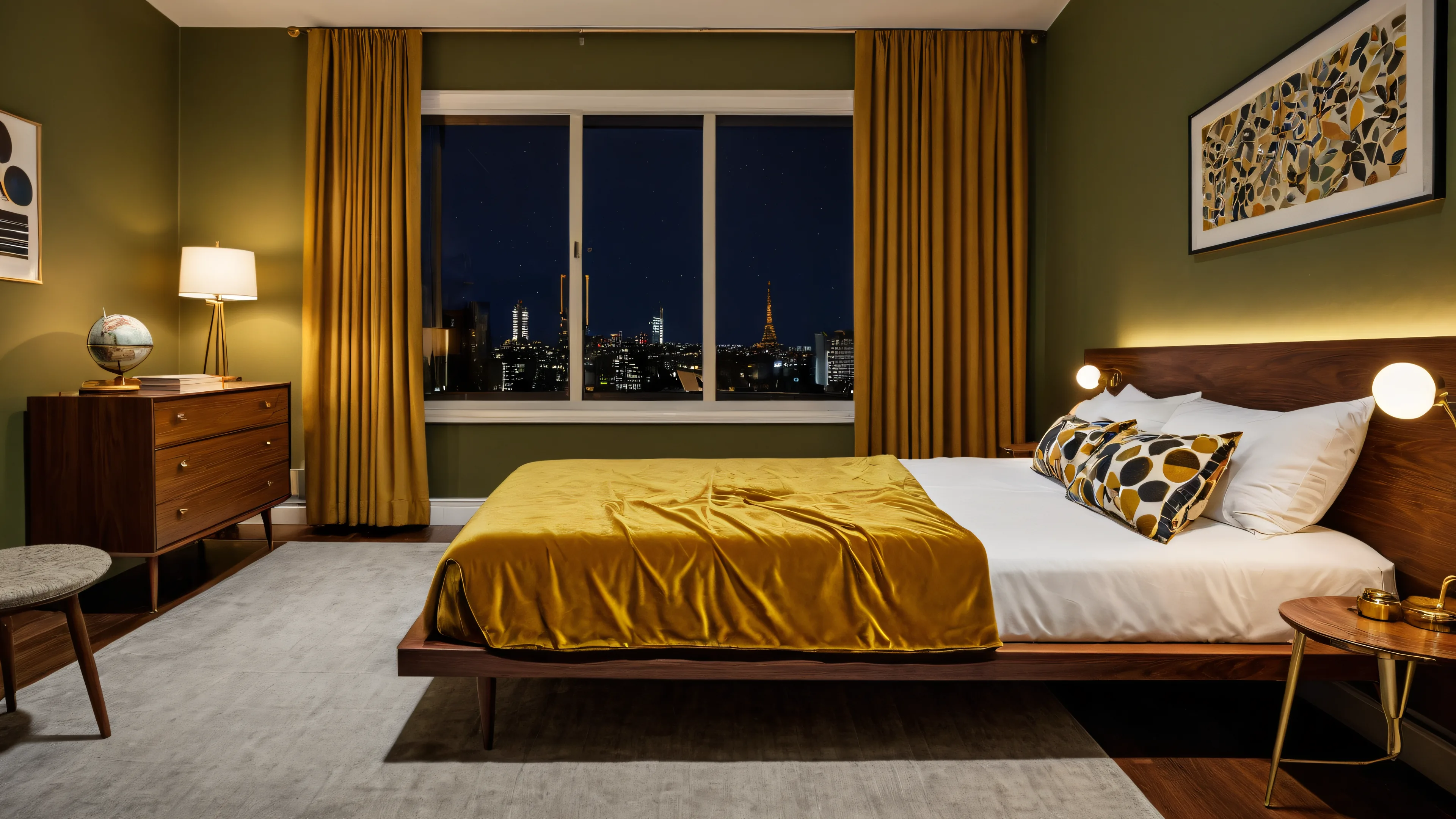 Mid-century bedroom at night: a walnut bed with a mustard velvet coverlet, olive walls, lamps glowing and city lights beyond the window