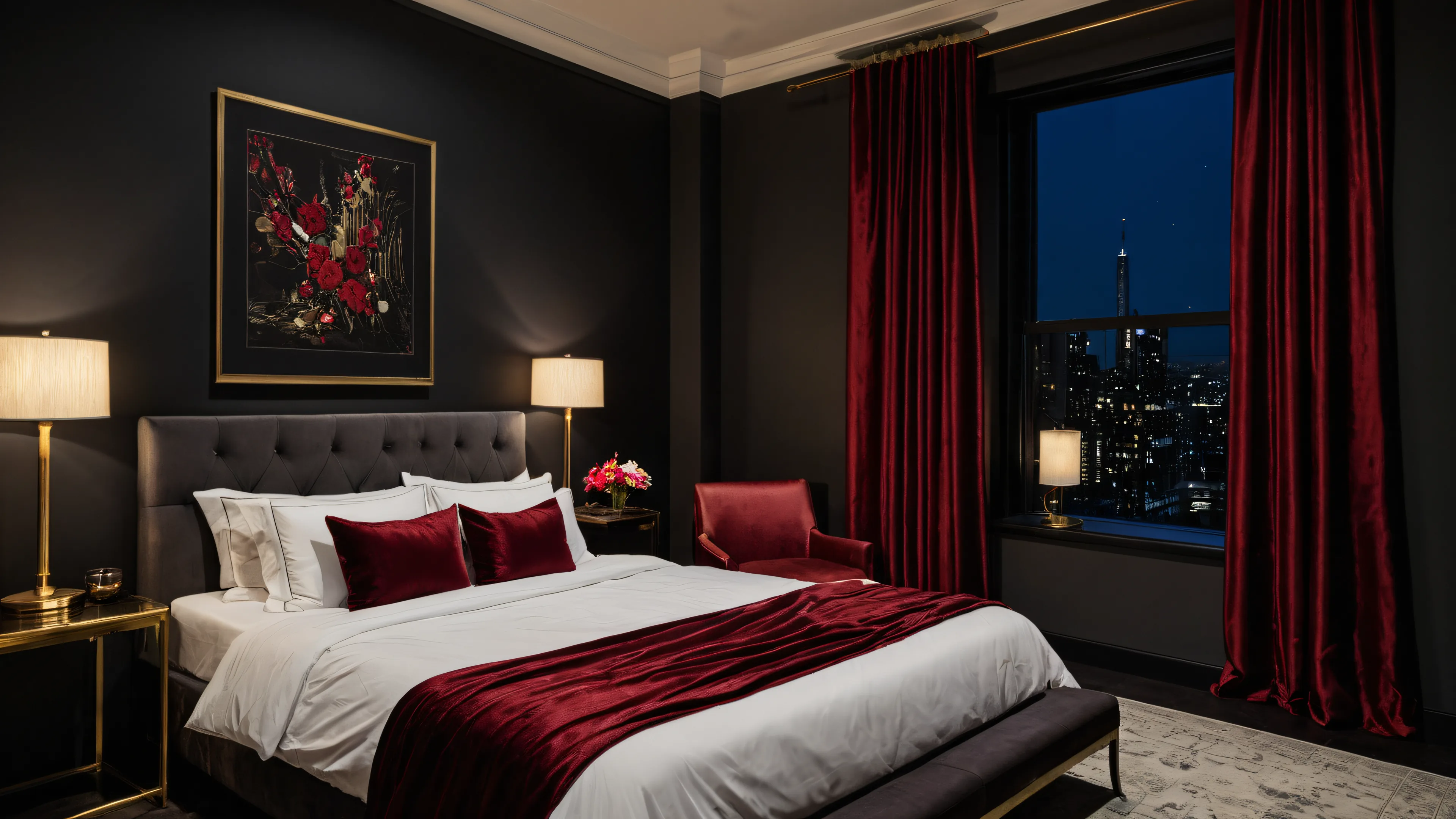 Modern Noir bedroom at night: charcoal walls, oxblood velvet drapes and throw, brass lamps and a dark city window