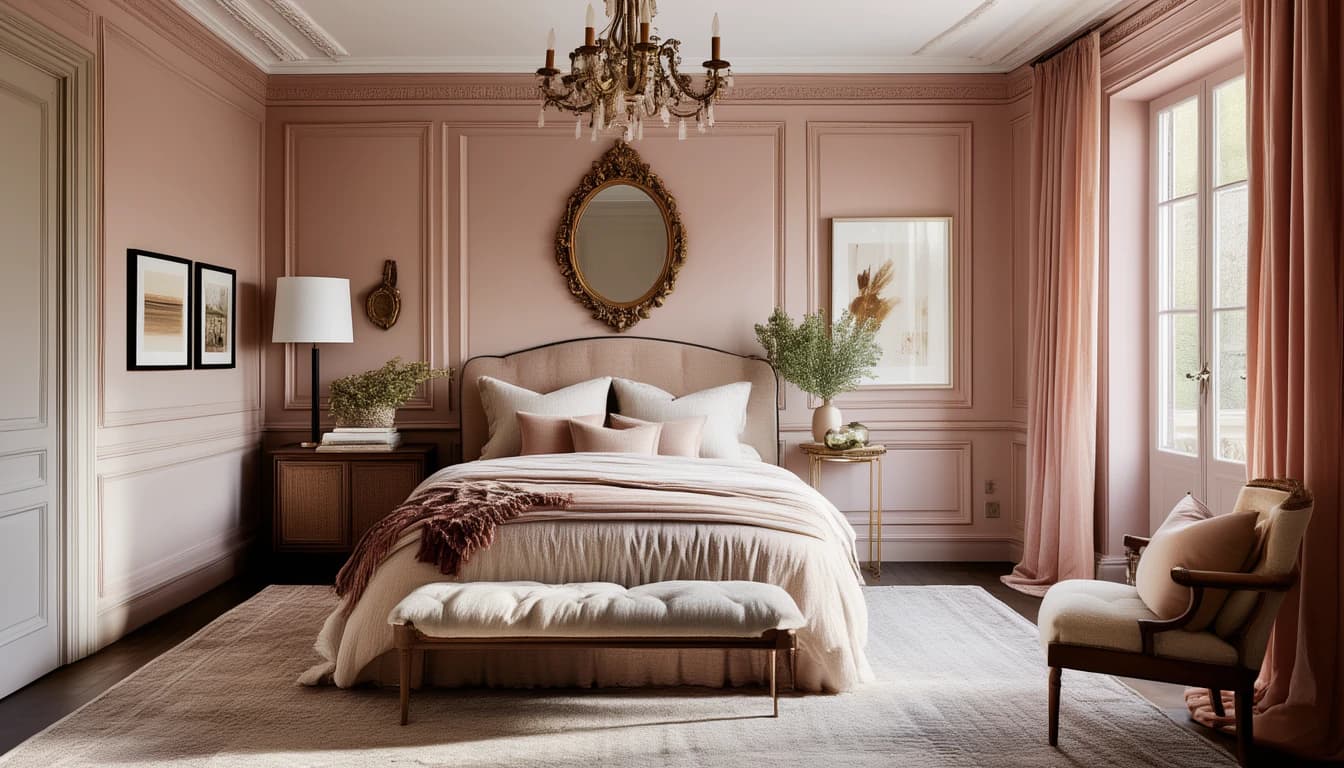 A blush paneled bedroom with a gilt oval mirror, a candle chandelier and a tufted bench at the foot of the bed