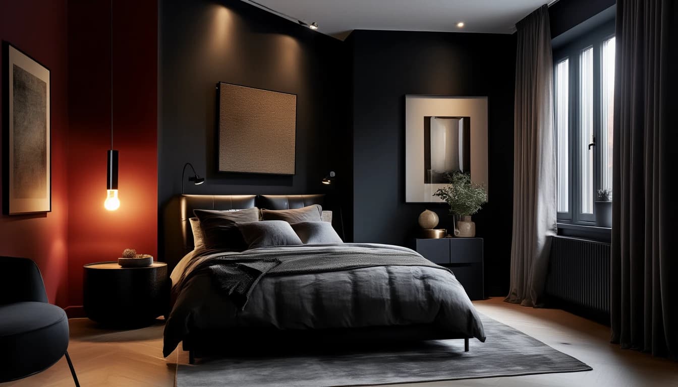 A dark modern bedroom with black walls, a red accent wall and a single glowing pendant bulb