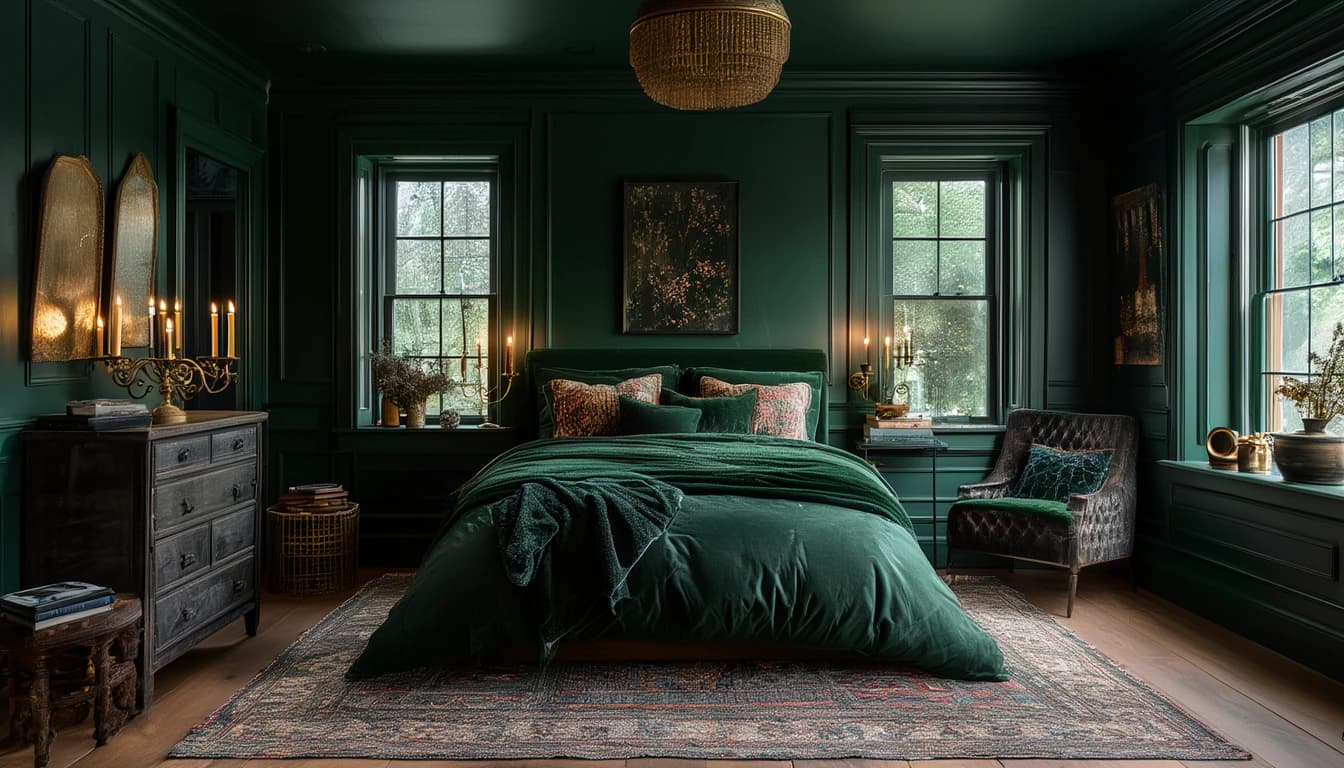 A deep green paneled bedroom with lit brass candelabras, a velvet bed and a tufted leather armchair