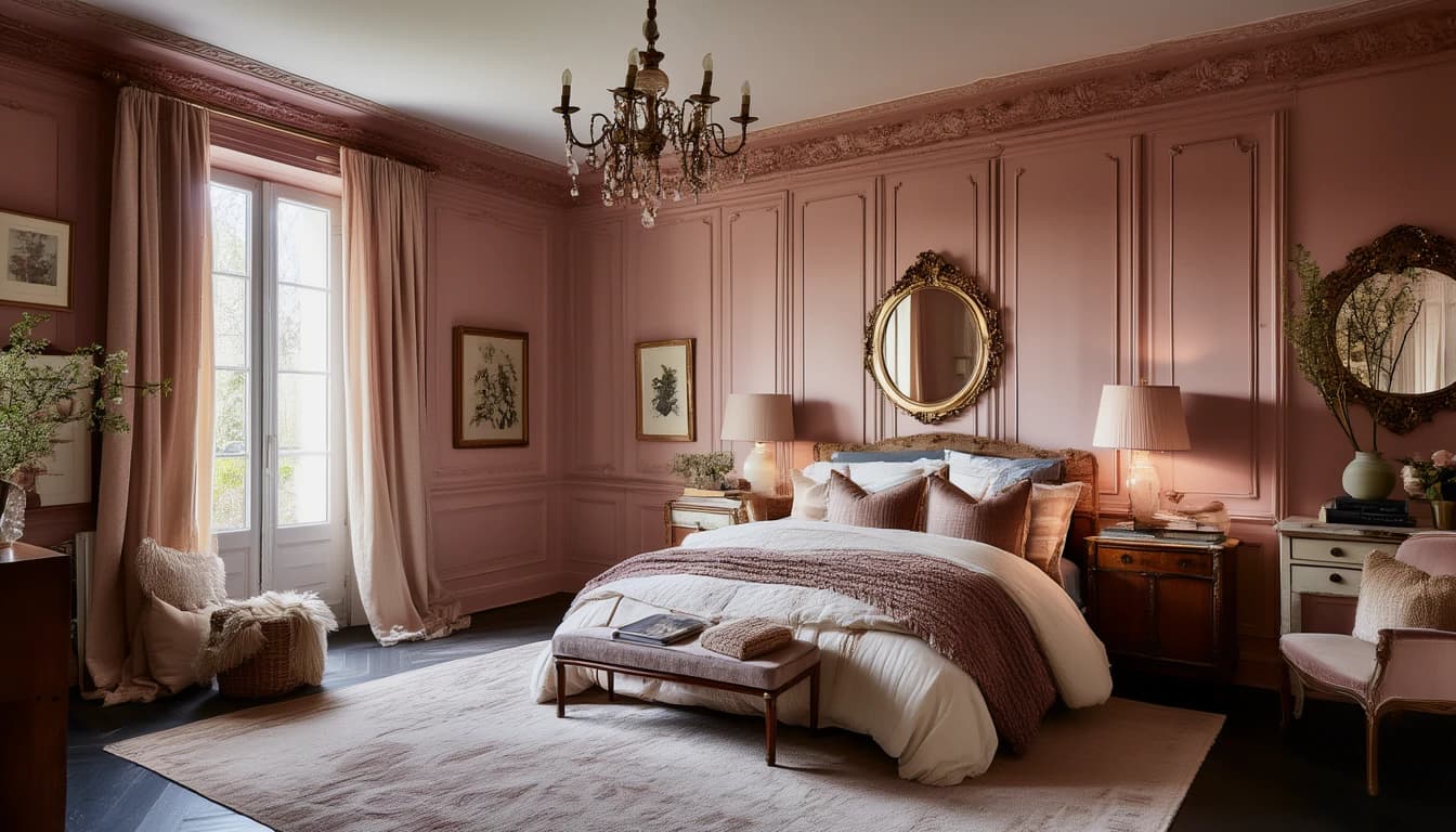 A dusky pink bedroom with gilt mirrors, French windows, two lamps and a bench at the foot of a white bed
