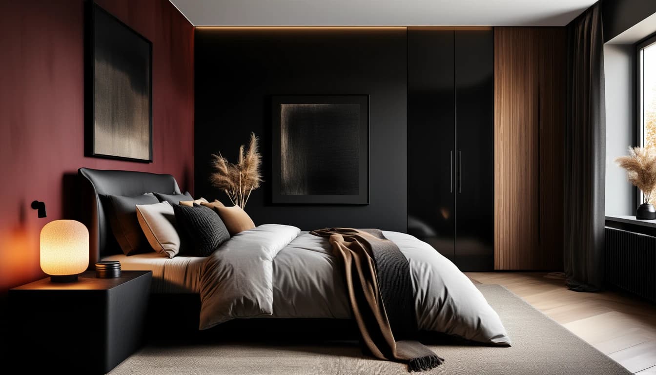A black bedroom with an oxblood wall, a glowing bedside lamp and a brown throw on gray bedding