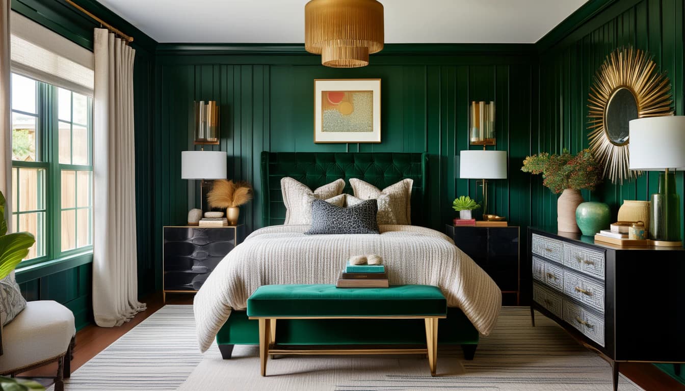 A green-paneled bedroom with a tufted velvet headboard, a green bench and a gold sunburst mirror