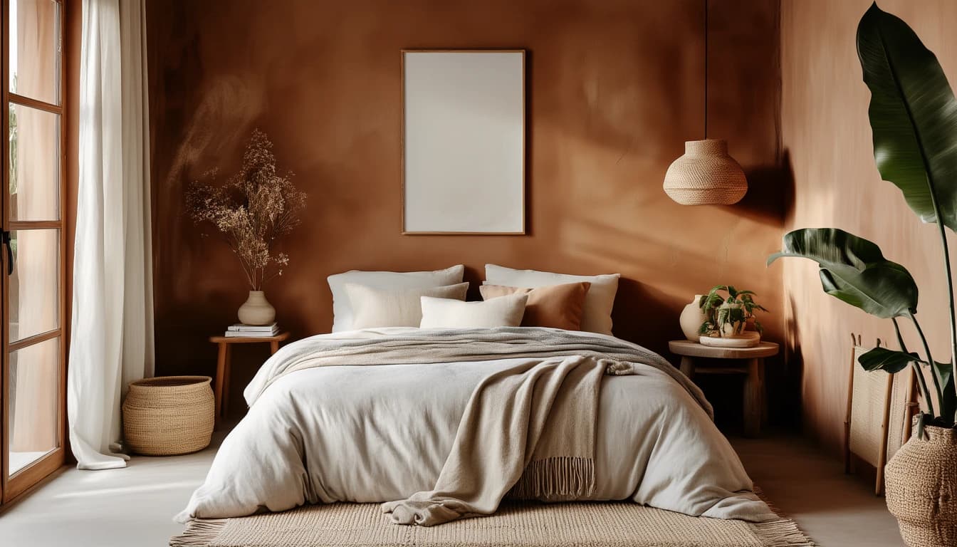 A terracotta plaster bedroom with linen bedding, a woven pendant lamp and dried flowers on a wooden stool