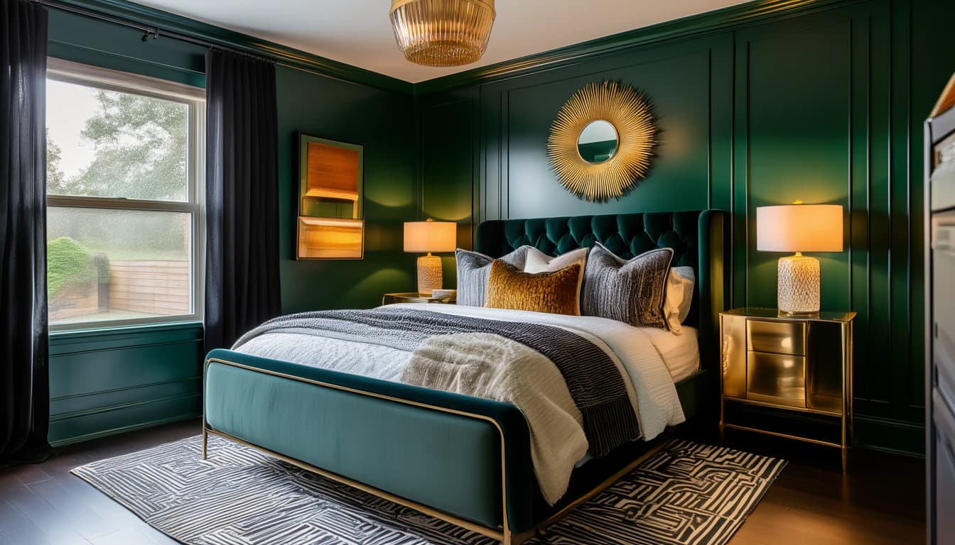A deep green paneled bedroom with a tufted velvet bed, a gold sunburst mirror and brass nightstands with glowing lamps