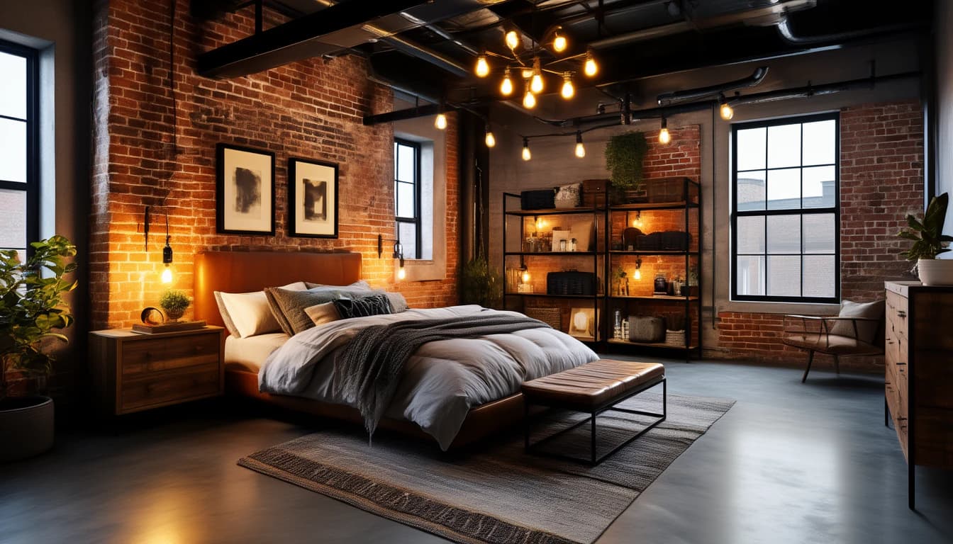 A large brick loft bedroom with string lights across black beams, a leather bench and tall factory windows