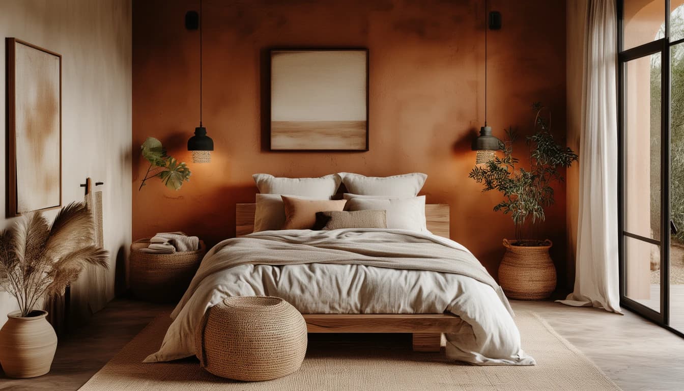 A rust plaster bedroom with two black pendant lamps, a linen-covered wooden bed and a woven pouf