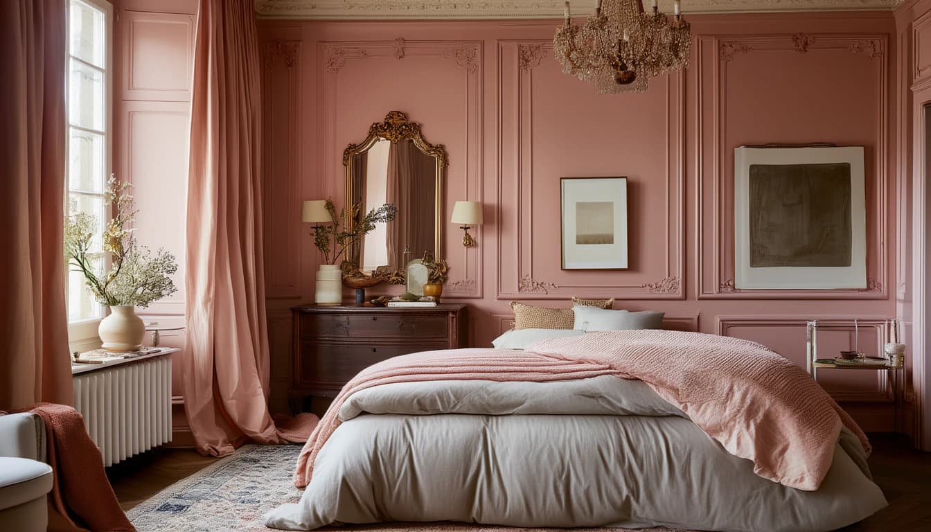 A rose paneled bedroom with a tall gilt mirror over an old dresser and a crystal chandelier above a pale bed
