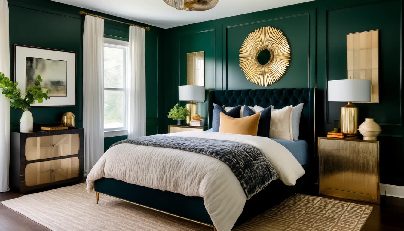 A deep green paneled bedroom with a gold sunburst mirror, a navy velvet bed, gold nightstands and white lamps