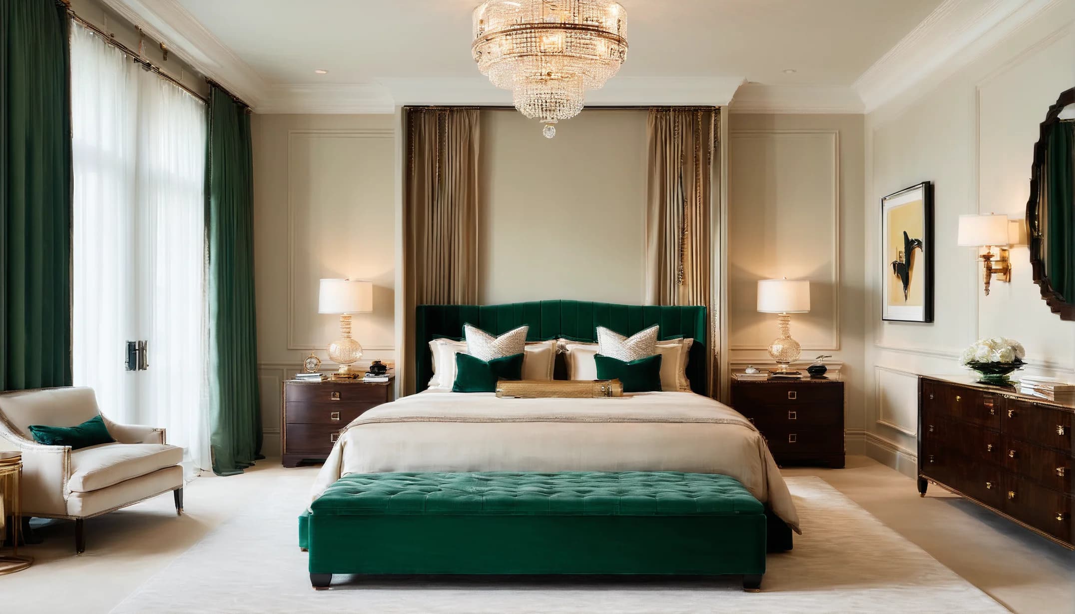 An Art Deco bedroom in emerald and cream with brass details