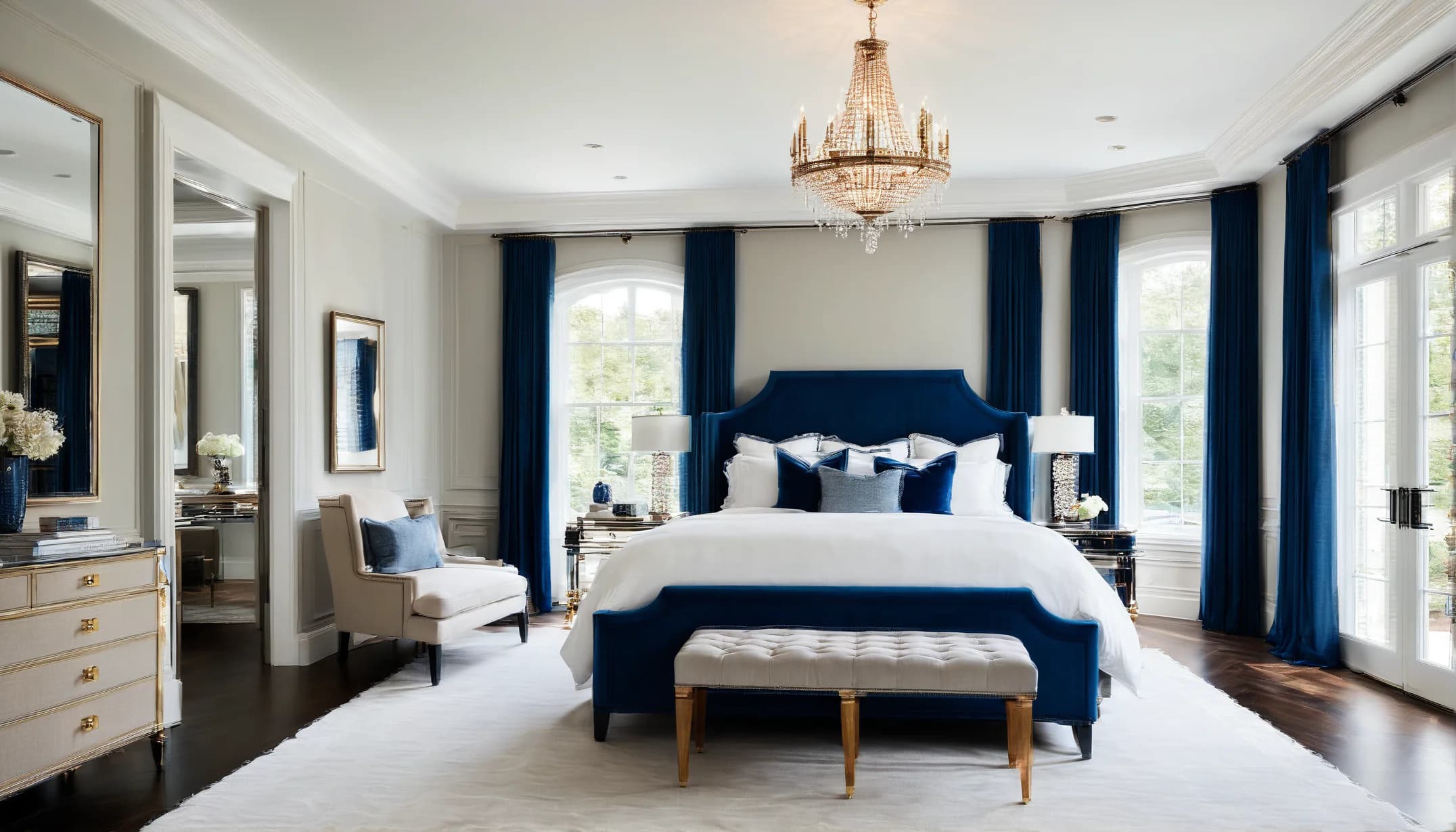 A grand bedroom with a navy velvet bed, a crystal chandelier, long navy curtains and a tufted bench at the foot of the bed