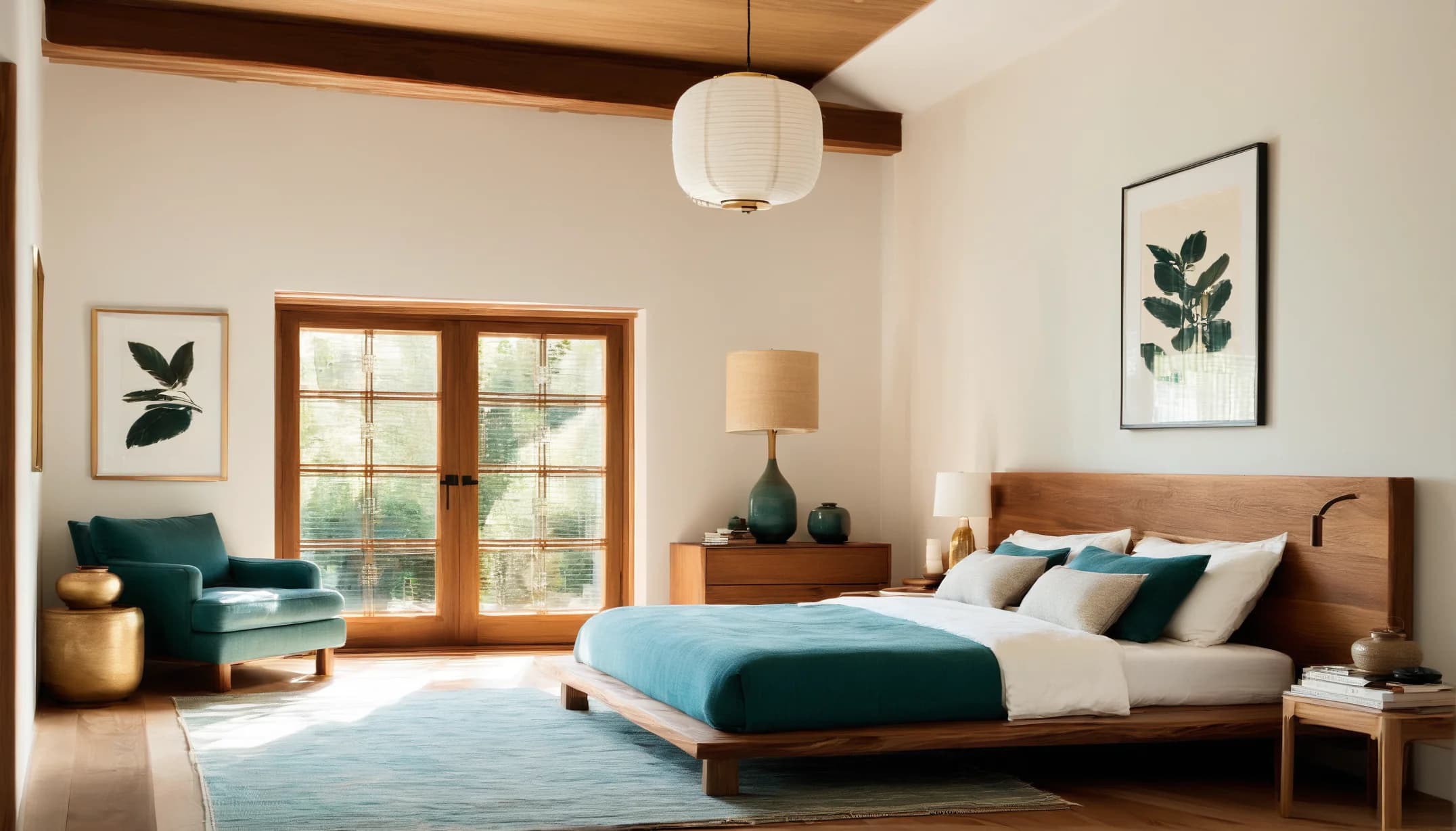 A mid-century modern bedroom in teal and oak