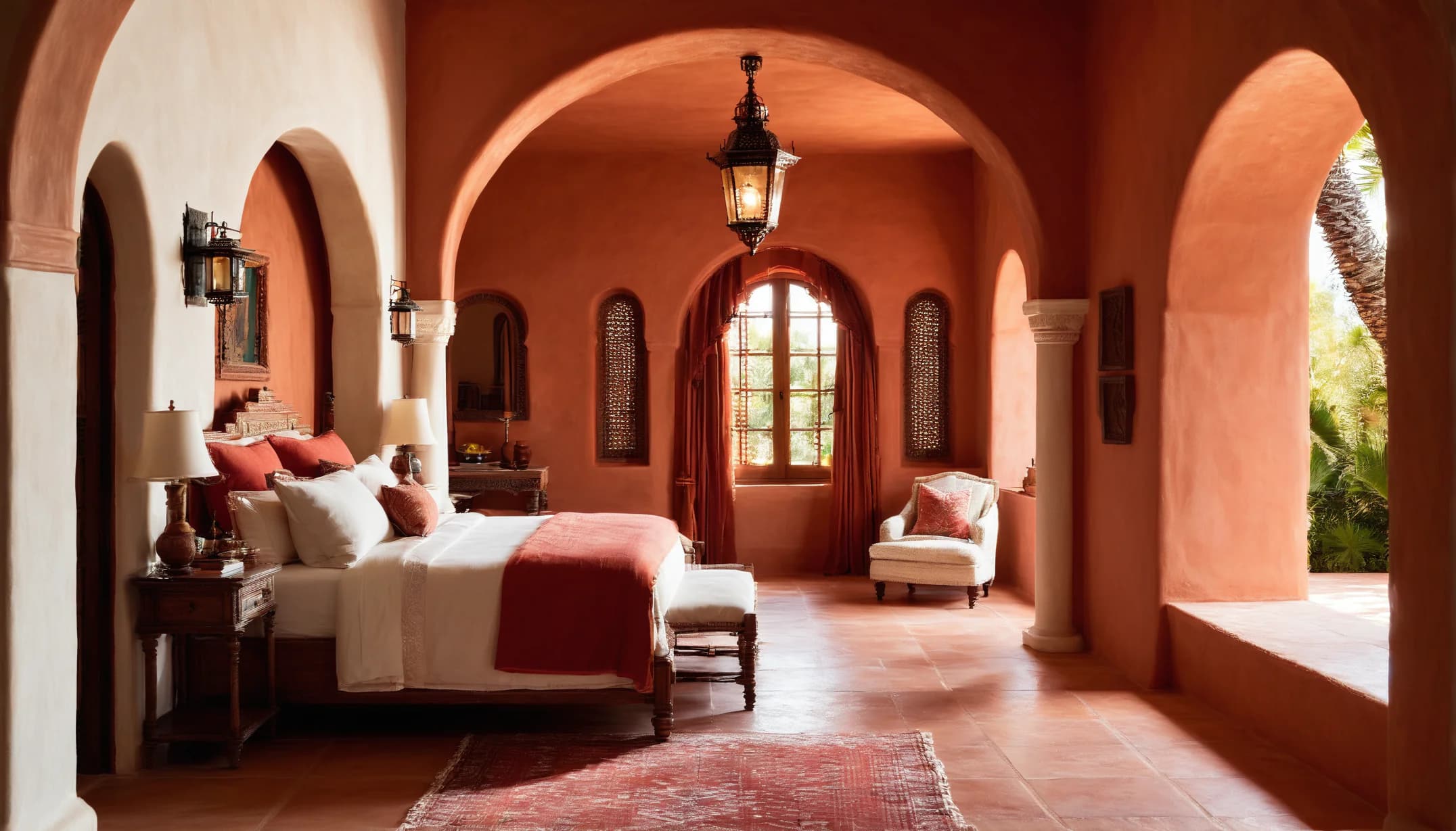 A terracotta bedroom with plaster arches, a hanging iron lantern, tiled floors and a cushioned armchair by the window