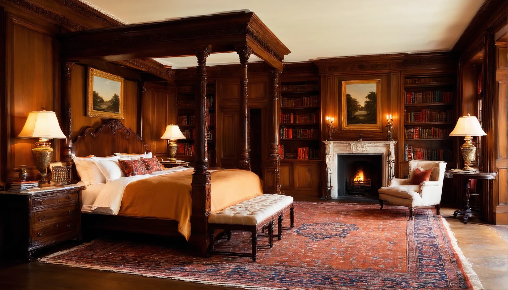 A walnut-paneled study bedroom glowing with firelight