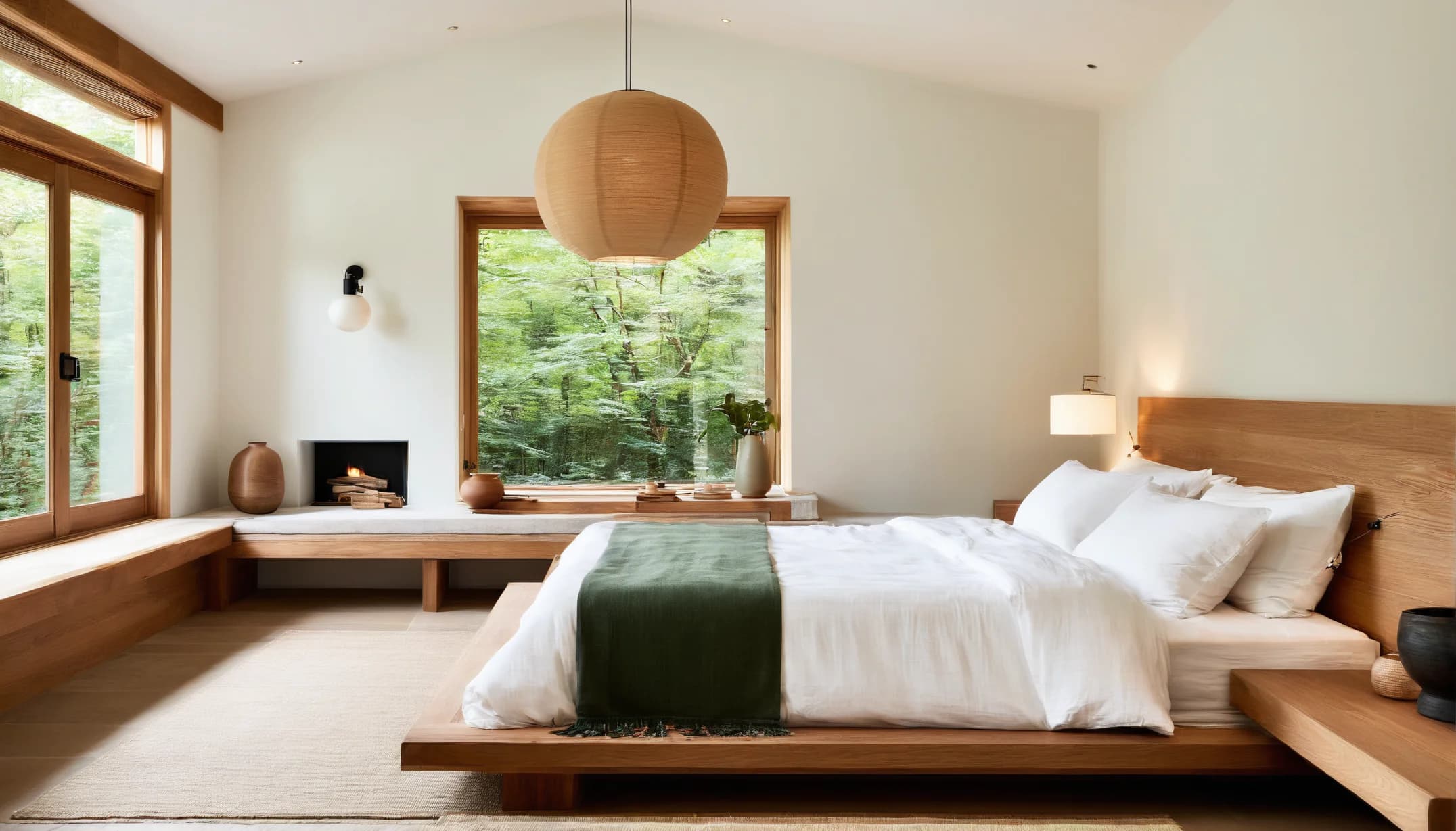 A Japandi bedroom in pale oak lit by a single paper lantern