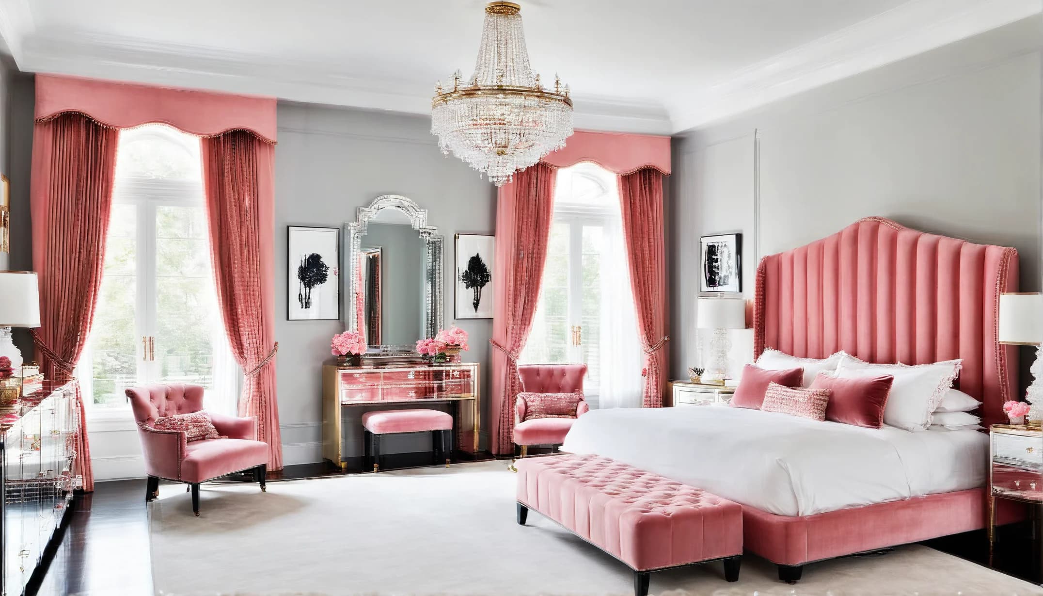 A Parisian boudoir bedroom in rose velvet with gilt details and soft lamplight