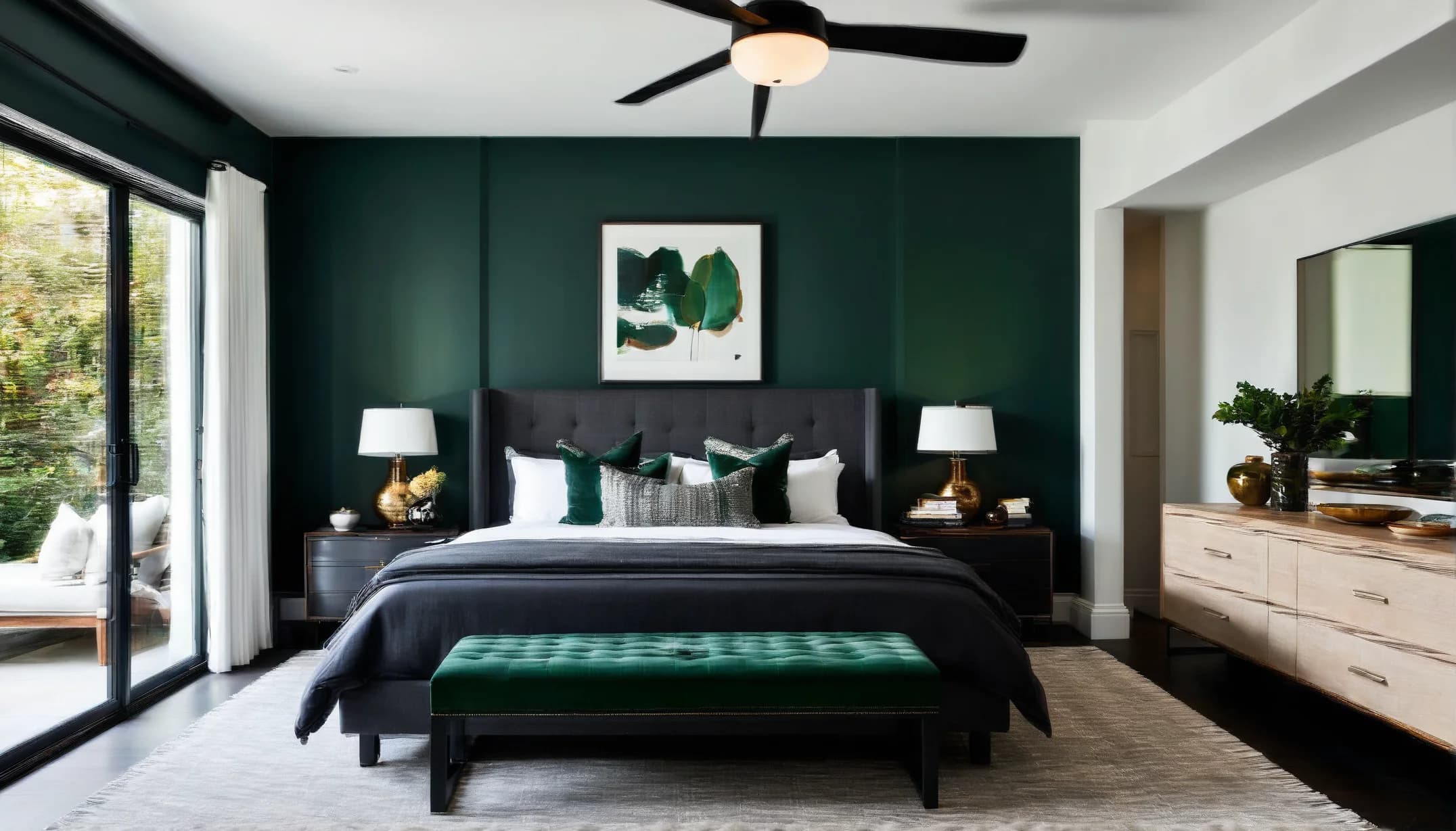 A bedroom with a dark green accent wall, a charcoal tufted bed, white lamps and a green velvet bench