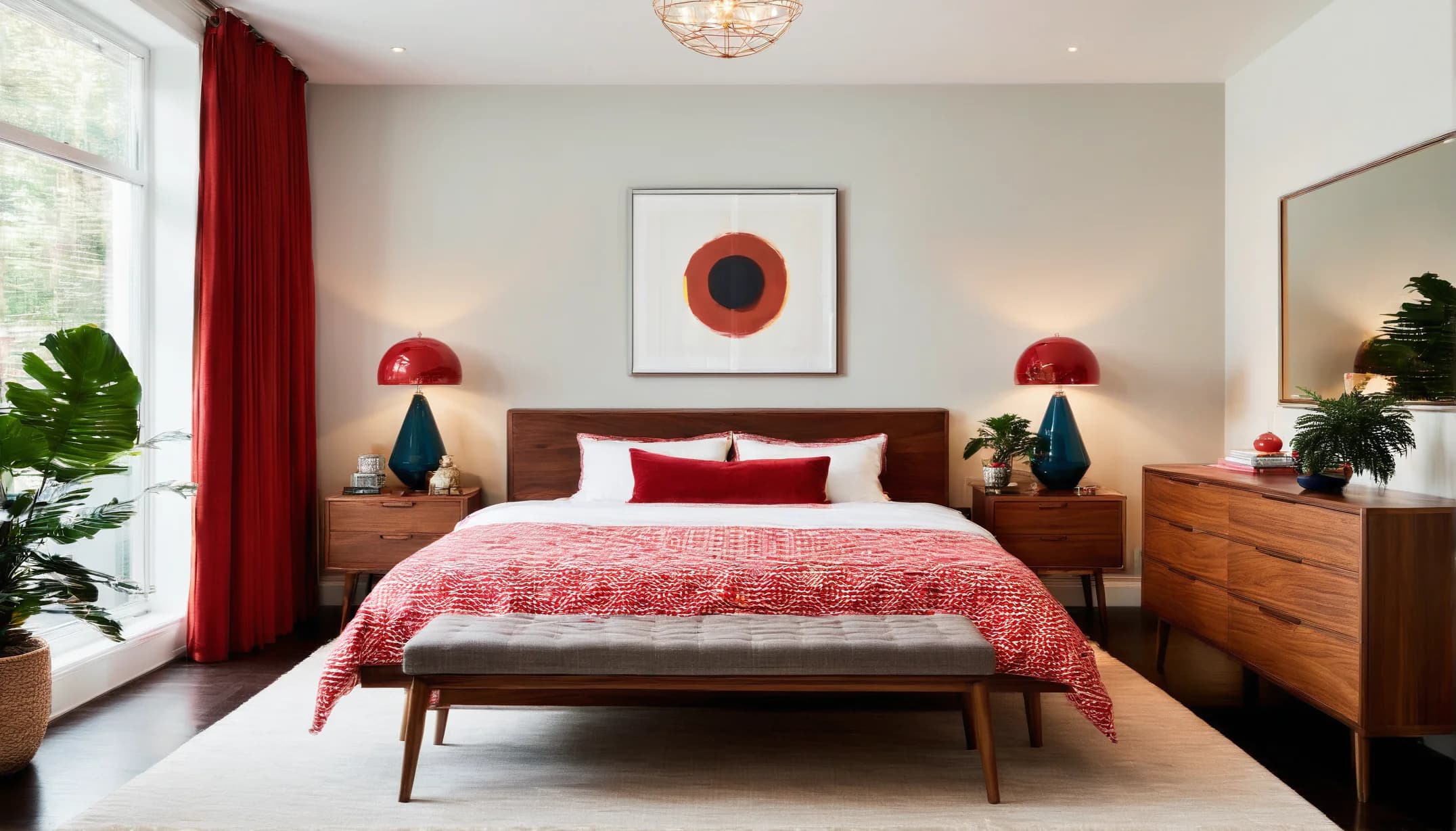 A mid-century bedroom with a walnut bed, red curtains, red dome lamps and a tufted bench
