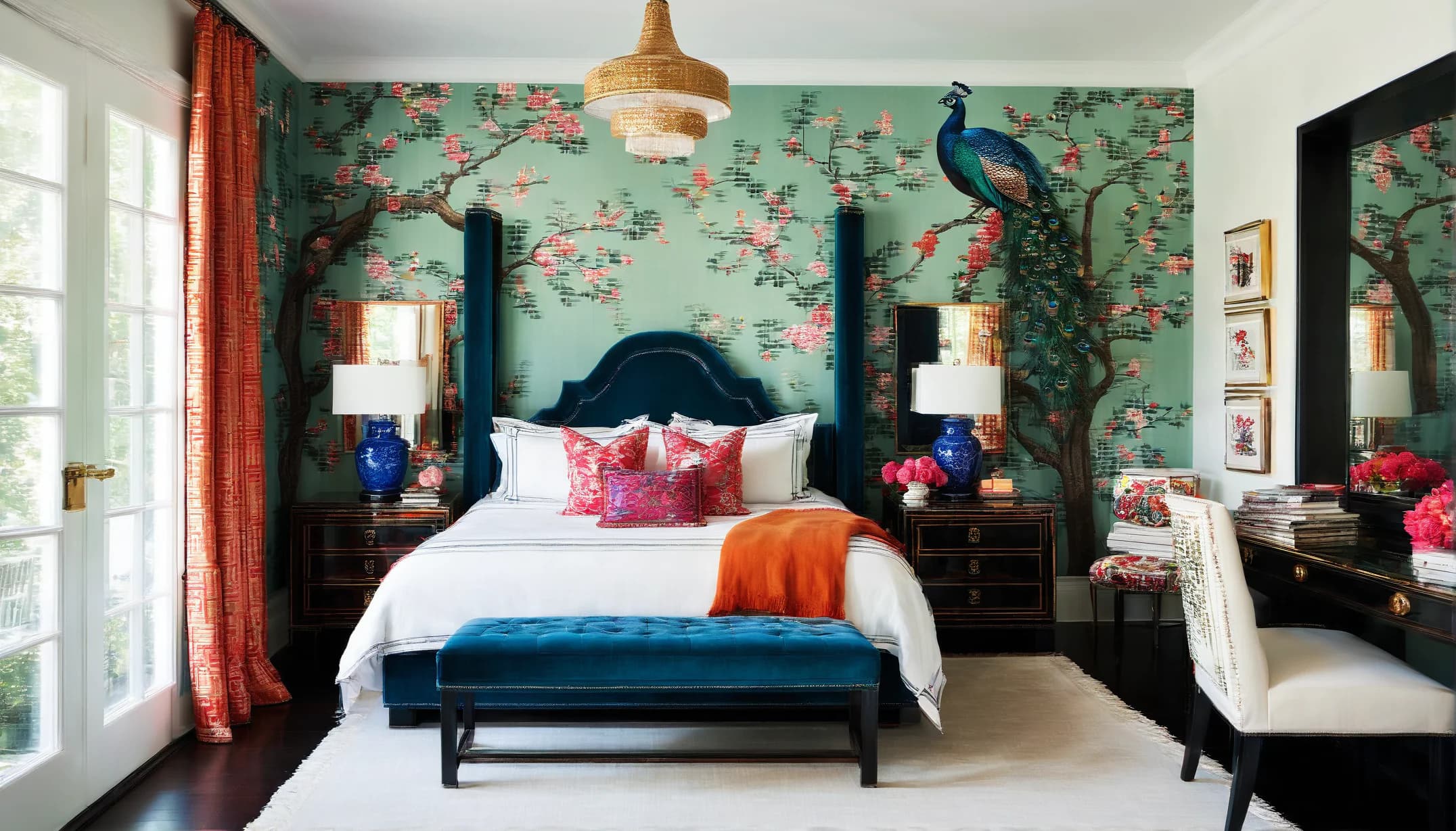 A maximalist bedroom with chinoiserie wallpaper and peacock tones