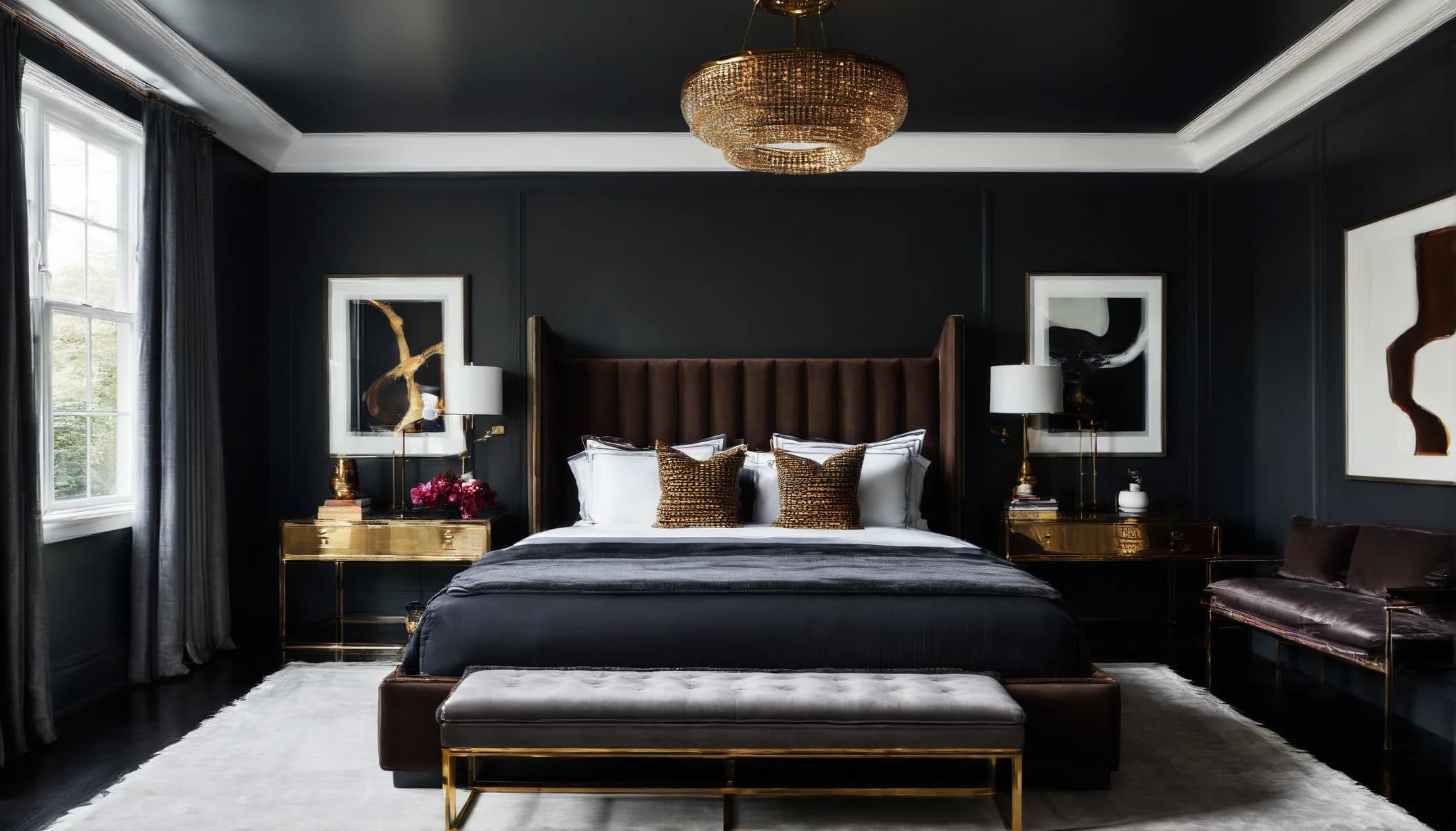 A modern noir bedroom with black walls and brass details
