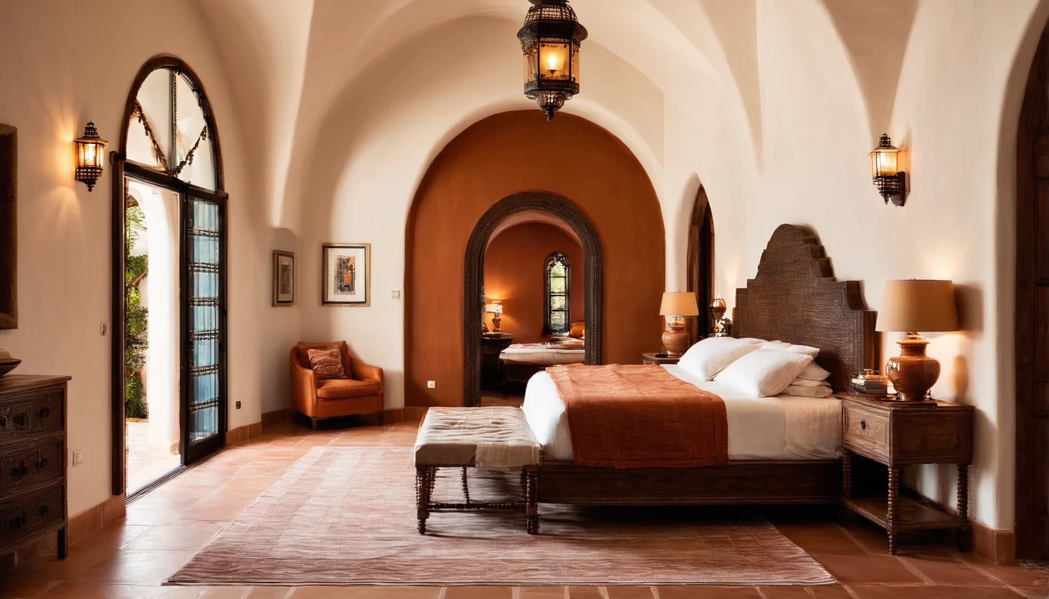 A warm organic bedroom with plaster vaults and lanterns