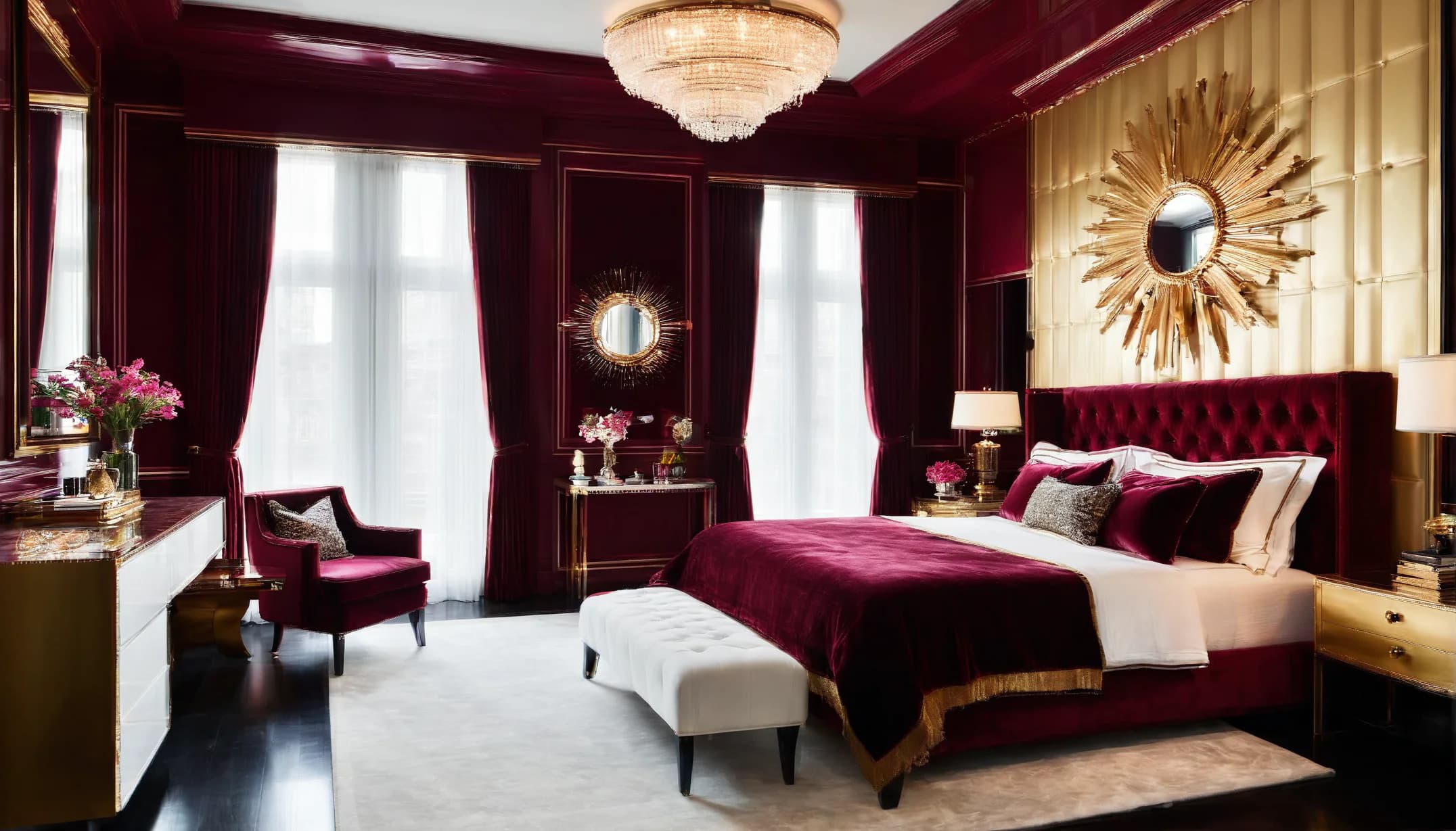 A burgundy velvet bedroom with a gold sunburst mirror, a tufted headboard, a velvet armchair and a white bench at the foot of the bed