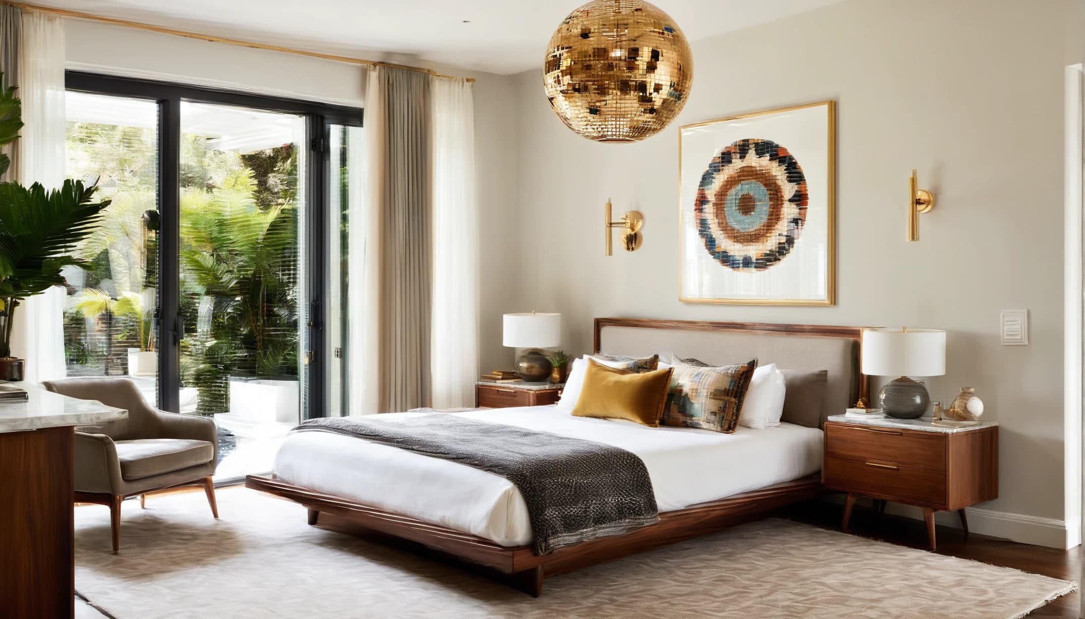 A mid-century modern bedroom in walnut with a disco ball