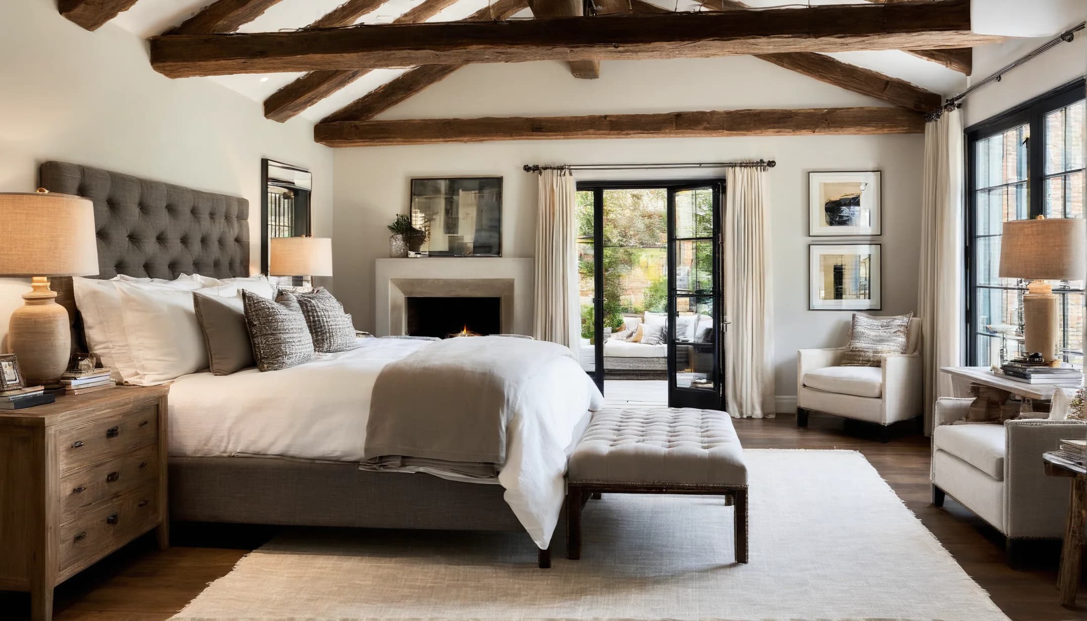 A warm organic bedroom in washed linen, glowing with firelight