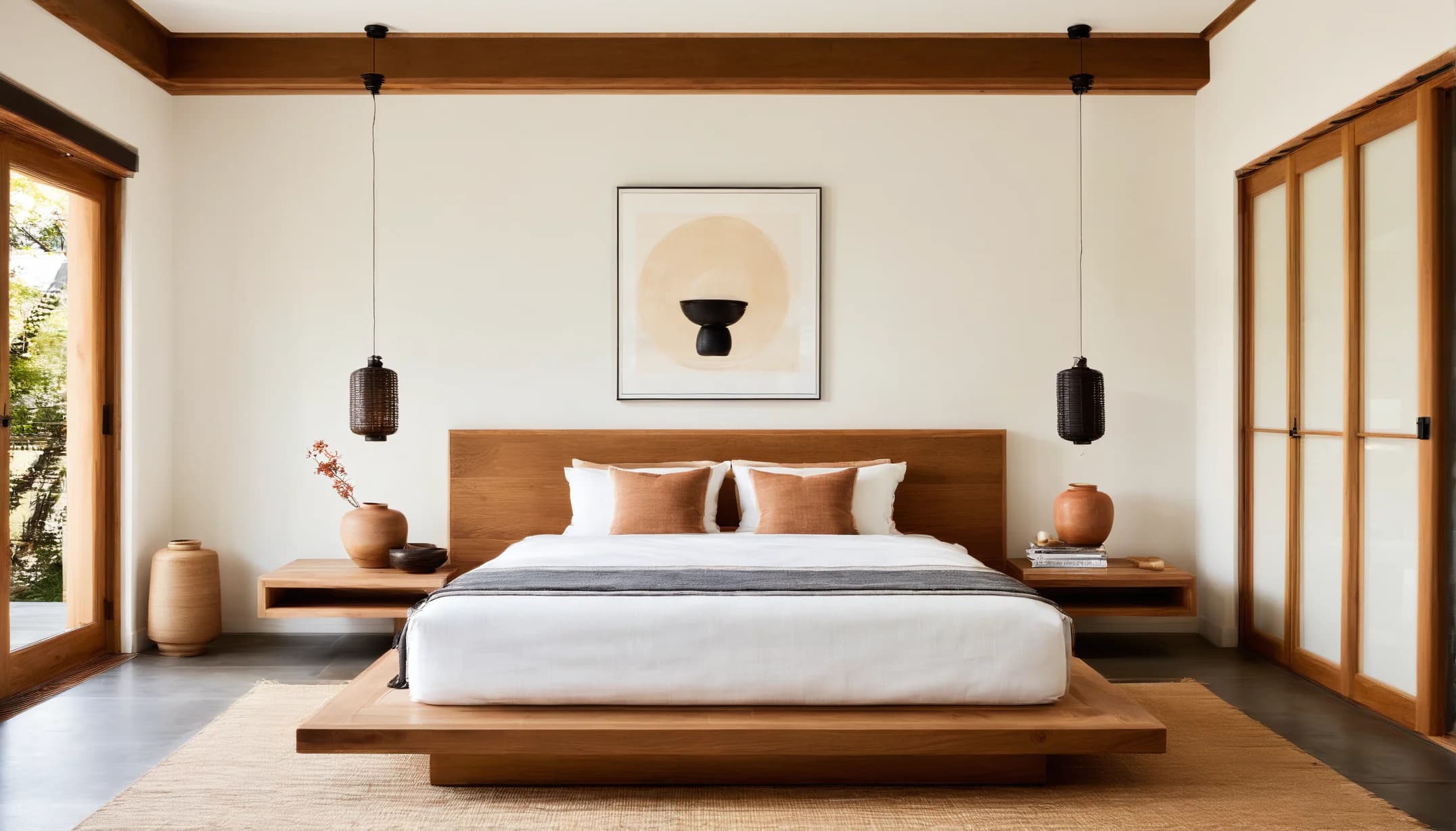 A cream bedroom with a low oak platform bed, floating nightstands, two dark woven pendant lights and shoji doors