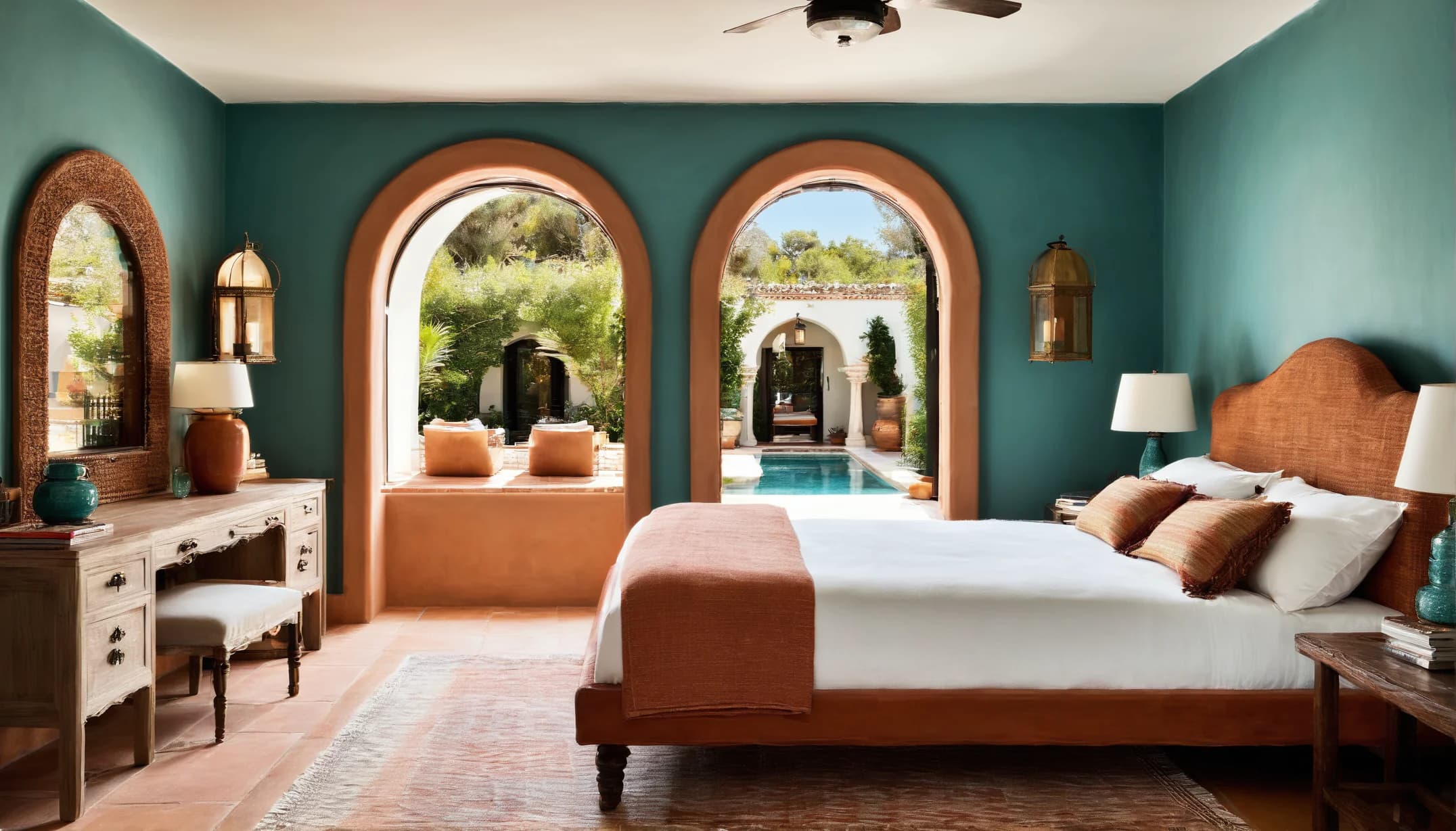 A warm organic bedroom with teal plaster walls and soft pool light